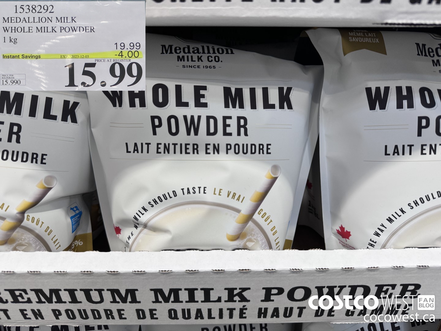 1538292 MEDALLION MILK WHOLE MILK POWDER 1 KG ($4.00 INSTANT SAVINGS EXPIRES ON 2023-12-03) $15.99