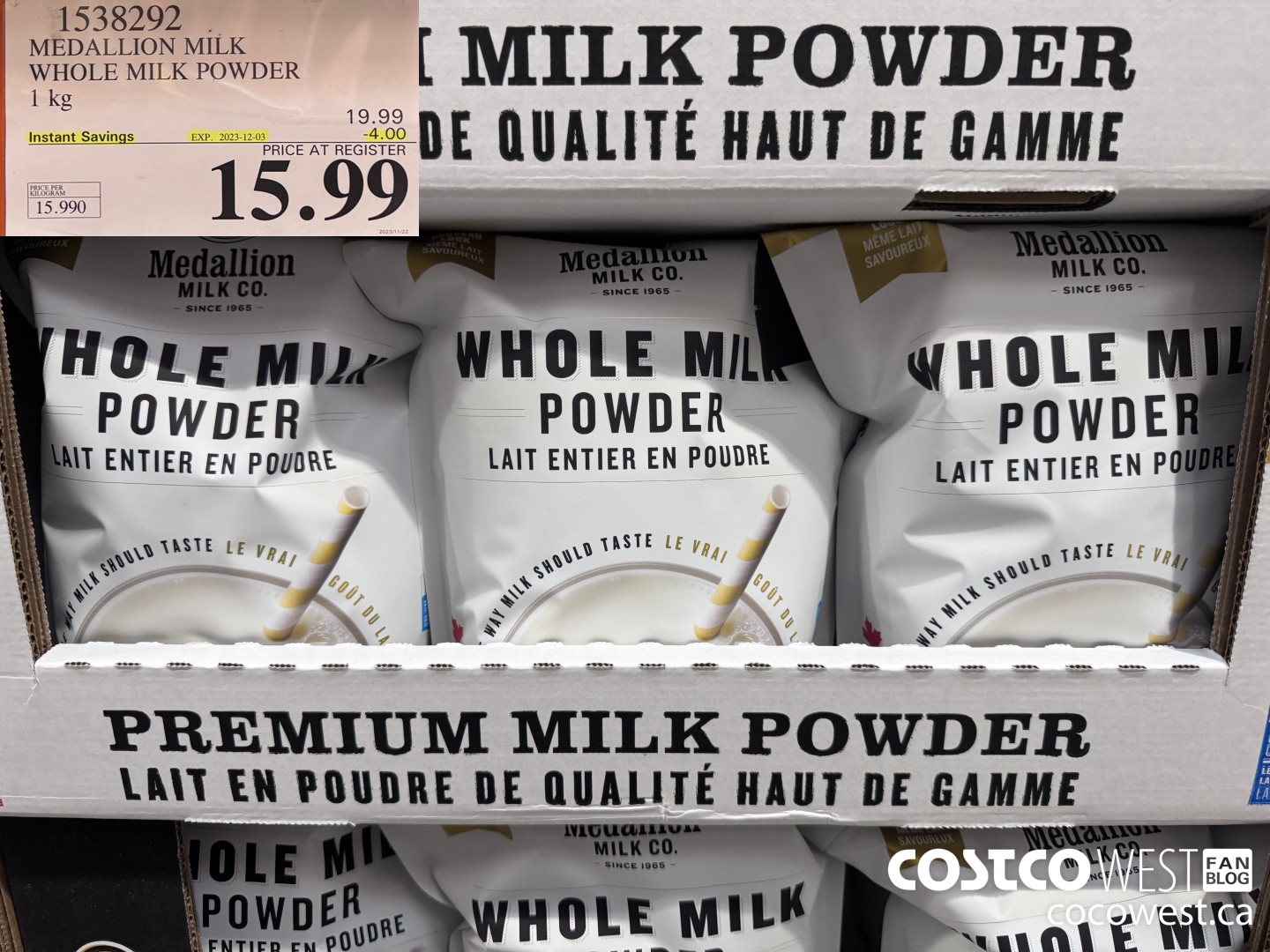 1538292 MEDALLION MILK WHOLE MILK POWDER 1 KG ($4.00 INSTANT SAVINGS EXPIRES ON 2023-12-03) $15.99