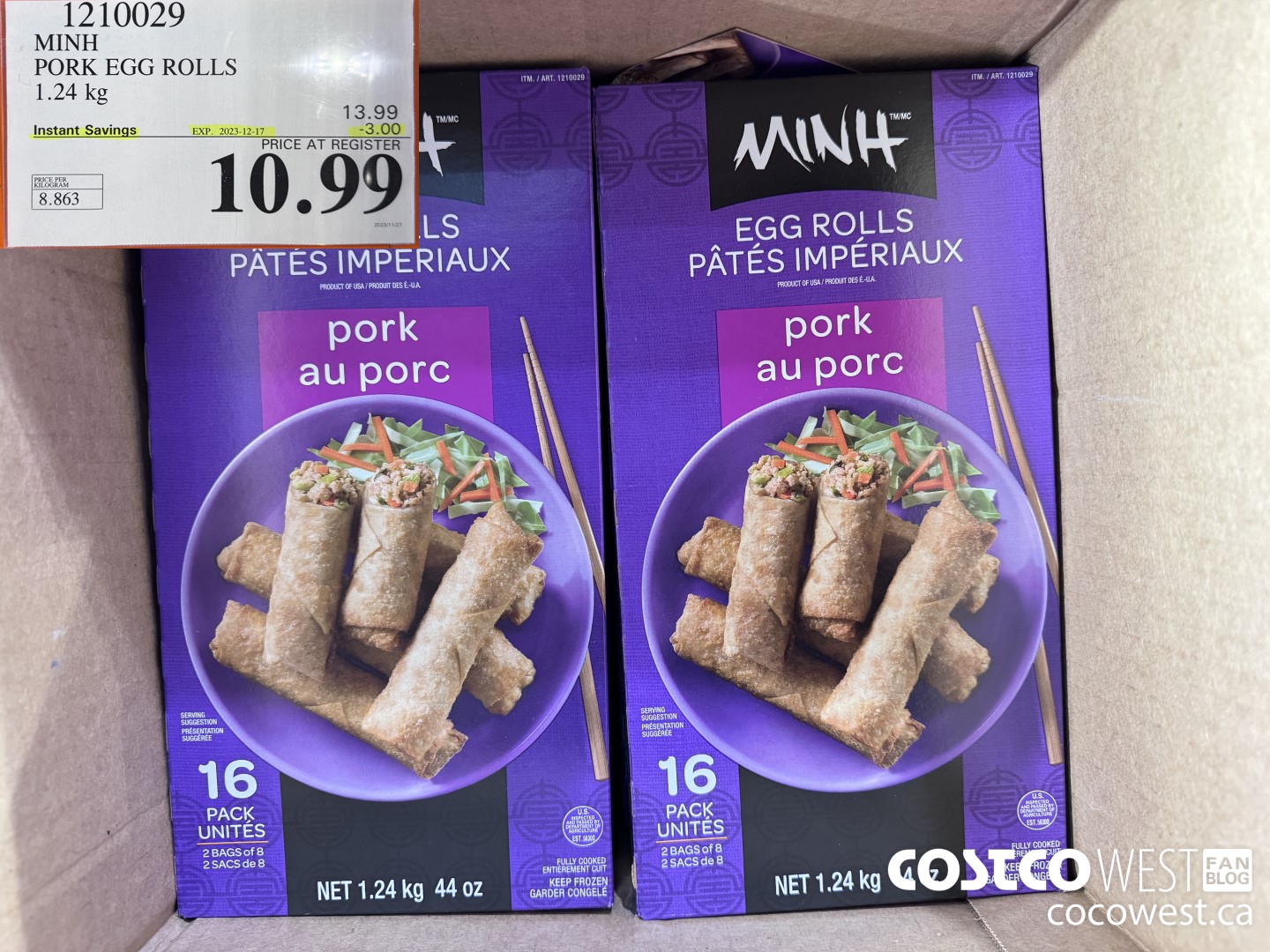 1210029 MINI PORK EGG ROLLS 1.24 kg ($3.00 INSTANT SAVINGS EXPIRES ON 2023-12-17) $10.99