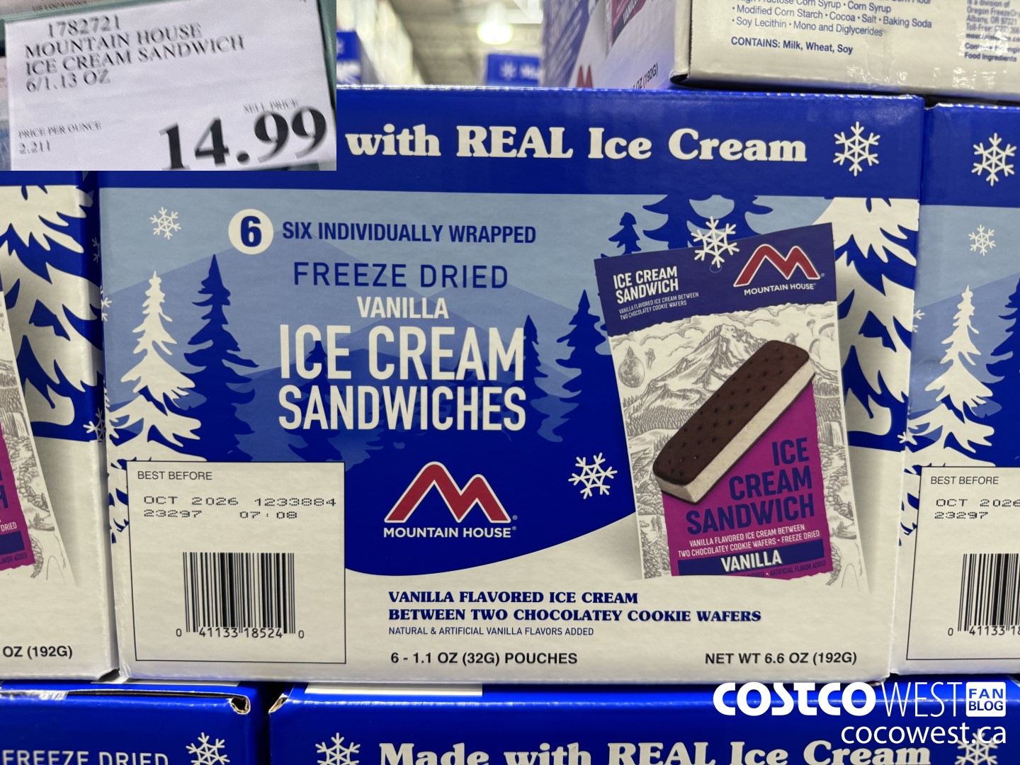 1782721 MOUNTAIN HOUSE ICE CREAM SANDWICH 6/1.13 OZ $14.99