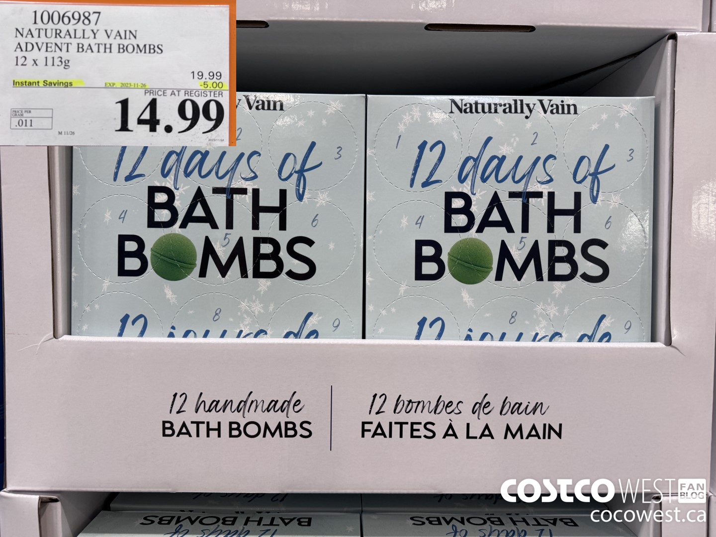 1006987 NATURALLY VAIN ADVENT BATH BOMBS 12 X 113 G ($5.00 INSTANT SAVINGS EXPIRES ON 2023-11-26) $14.99