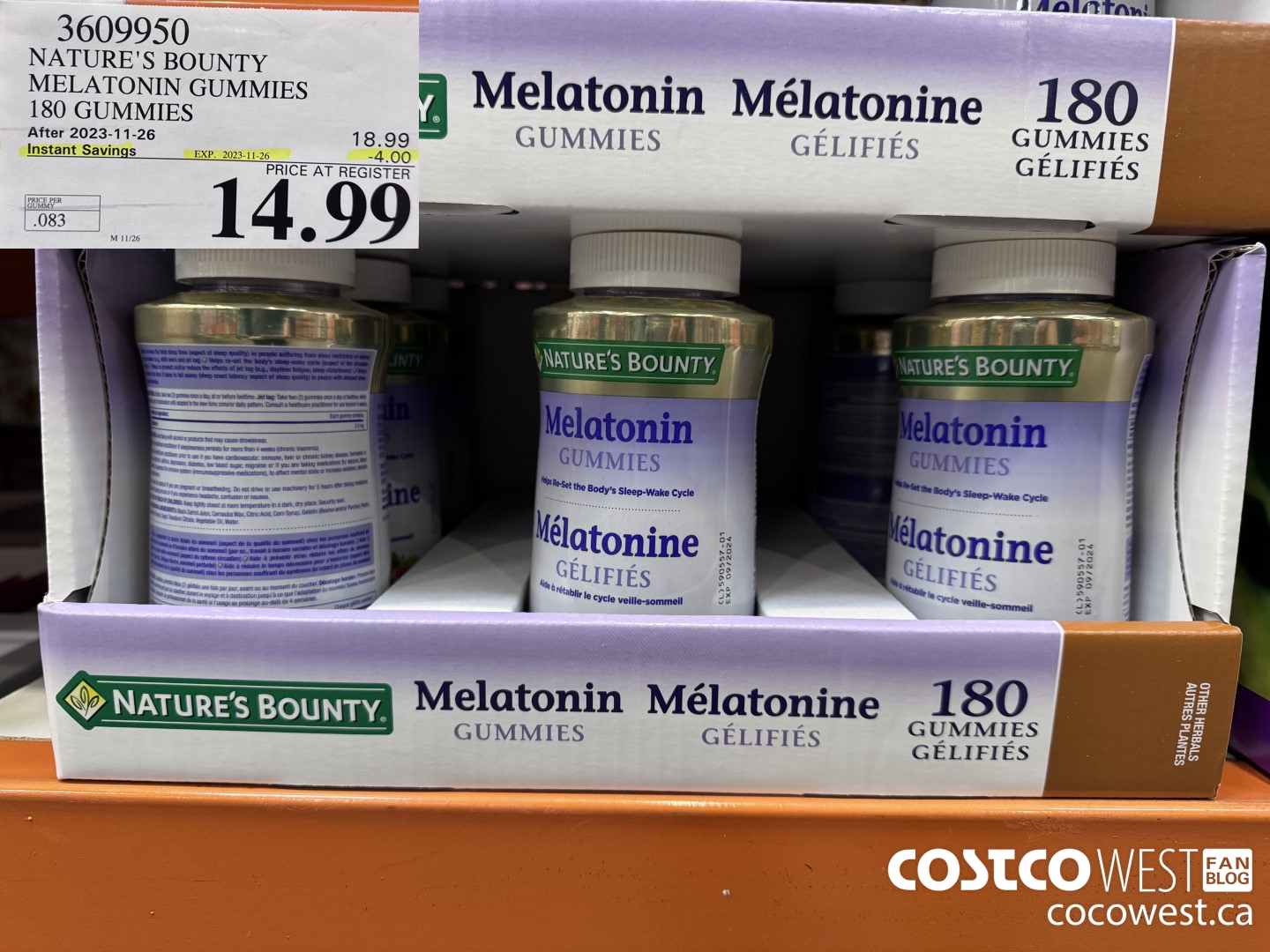 3609950 NATURE'S BOUNTY MELATONIN GUMMIES 180 GUMMIES ($4.00 INSTANT SAVINGS EXPIRES ON 2023-11-26) $14.99