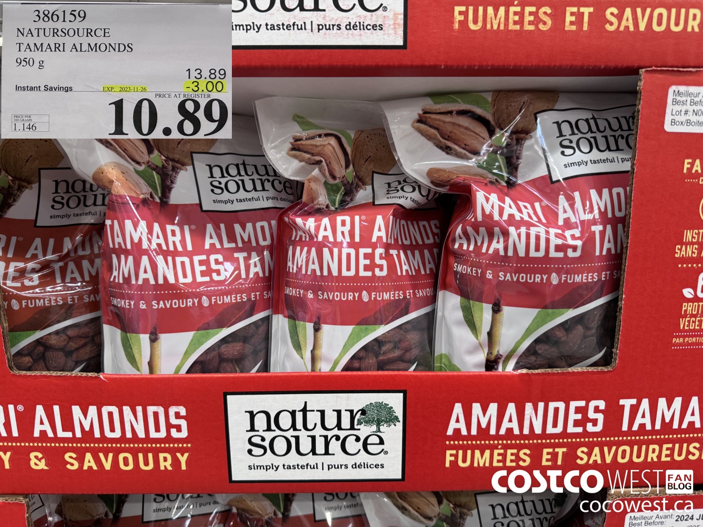 386159 NATURSOURCE TAMARI ALMONDS 950 g ($3.00 INSTANT SAVINGS EXPIRES ON 2023-11-26) $10.89