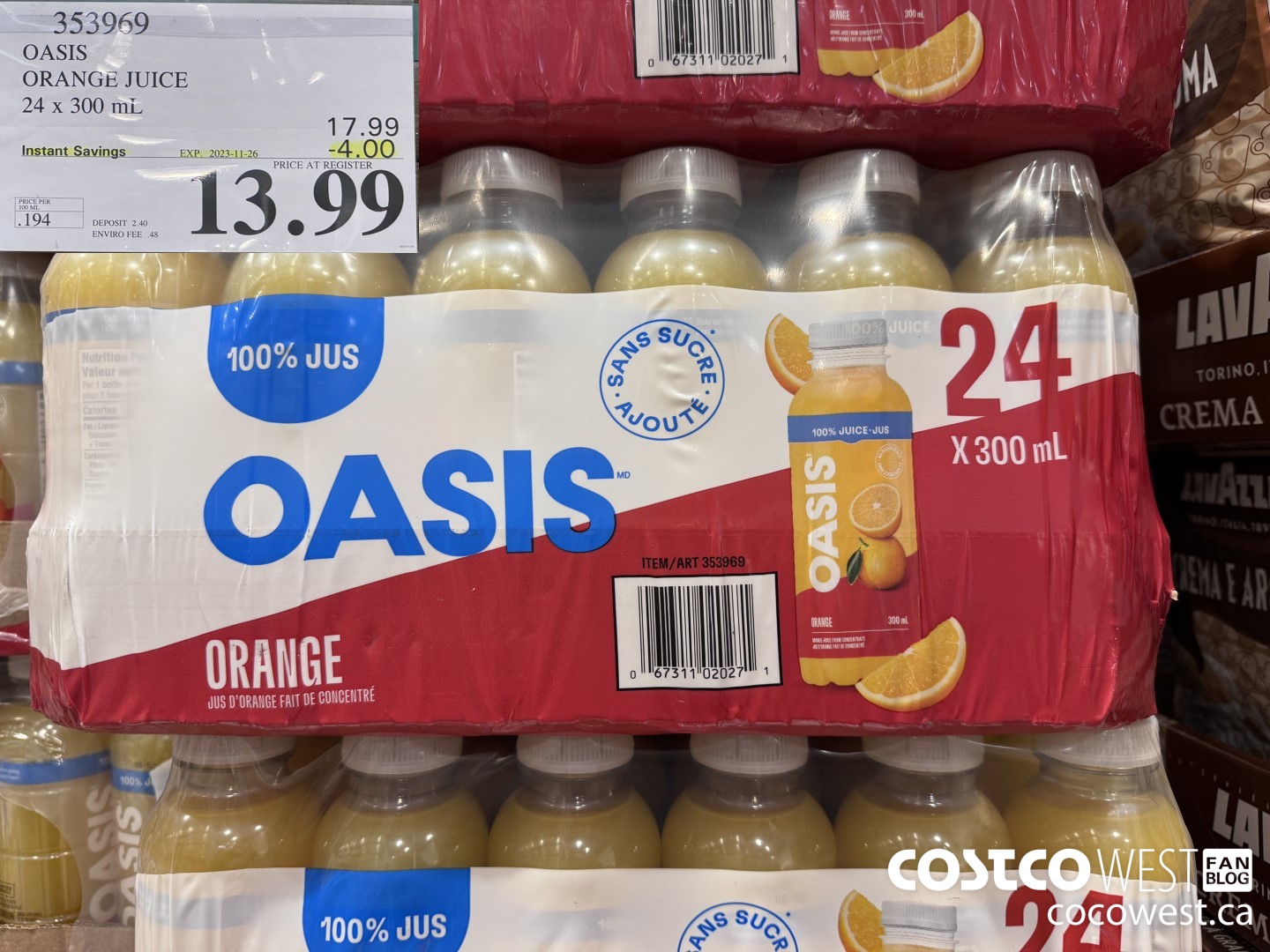 353969 OASIS ORANGE JUICE 24 x 300 mL ($4.00 INSTANT SAVINGS EXPIRES ON 2023-11-26) $13.99