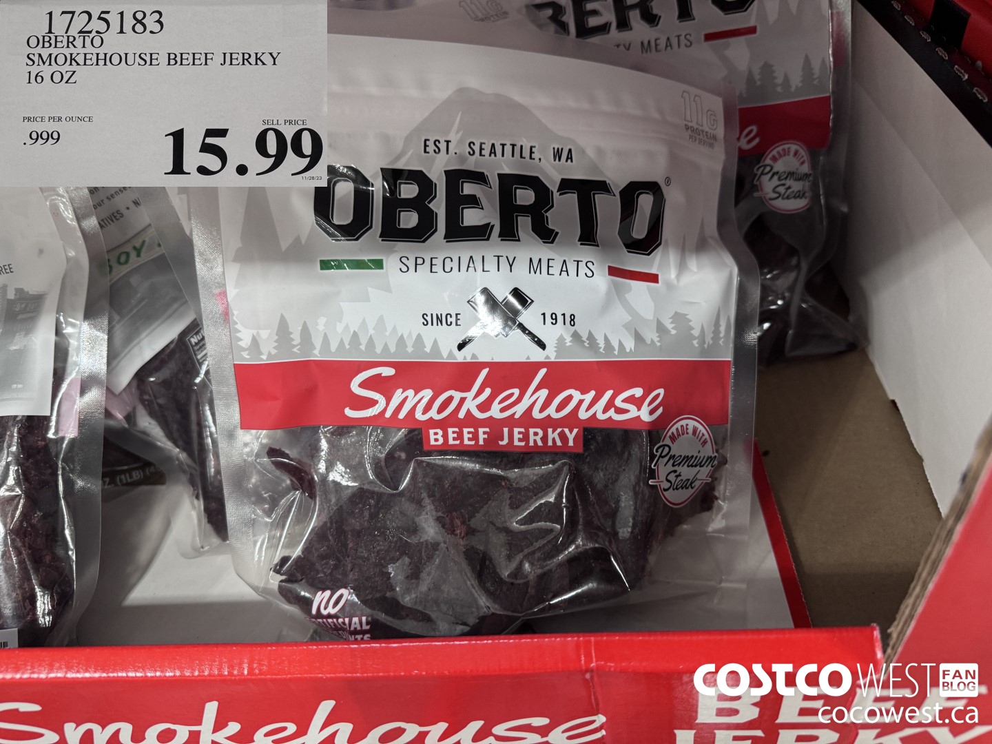 1725183 OBERTO SMOKEHOUSE BEEF JERKY 16 OZ $15.99