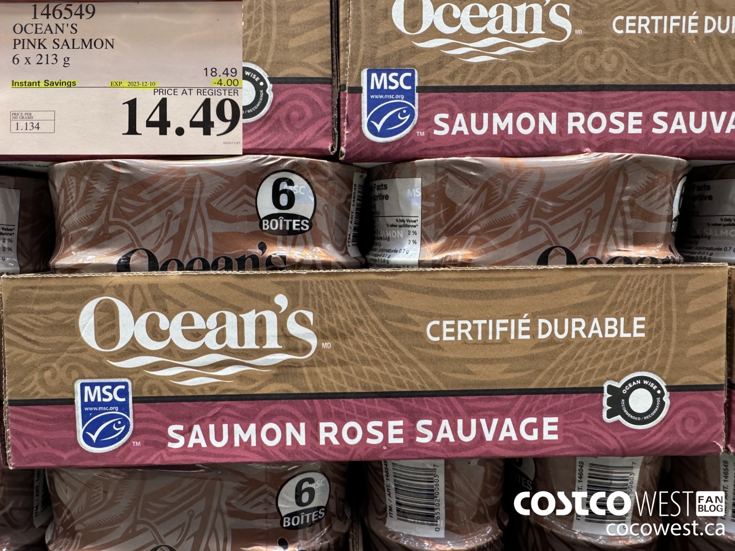 146549 OCEAN'S PINK SALMON 6 X 213 G ($4.00 INSTANT SAVINGS EXPIRES ON 2023-12-10) $14.49