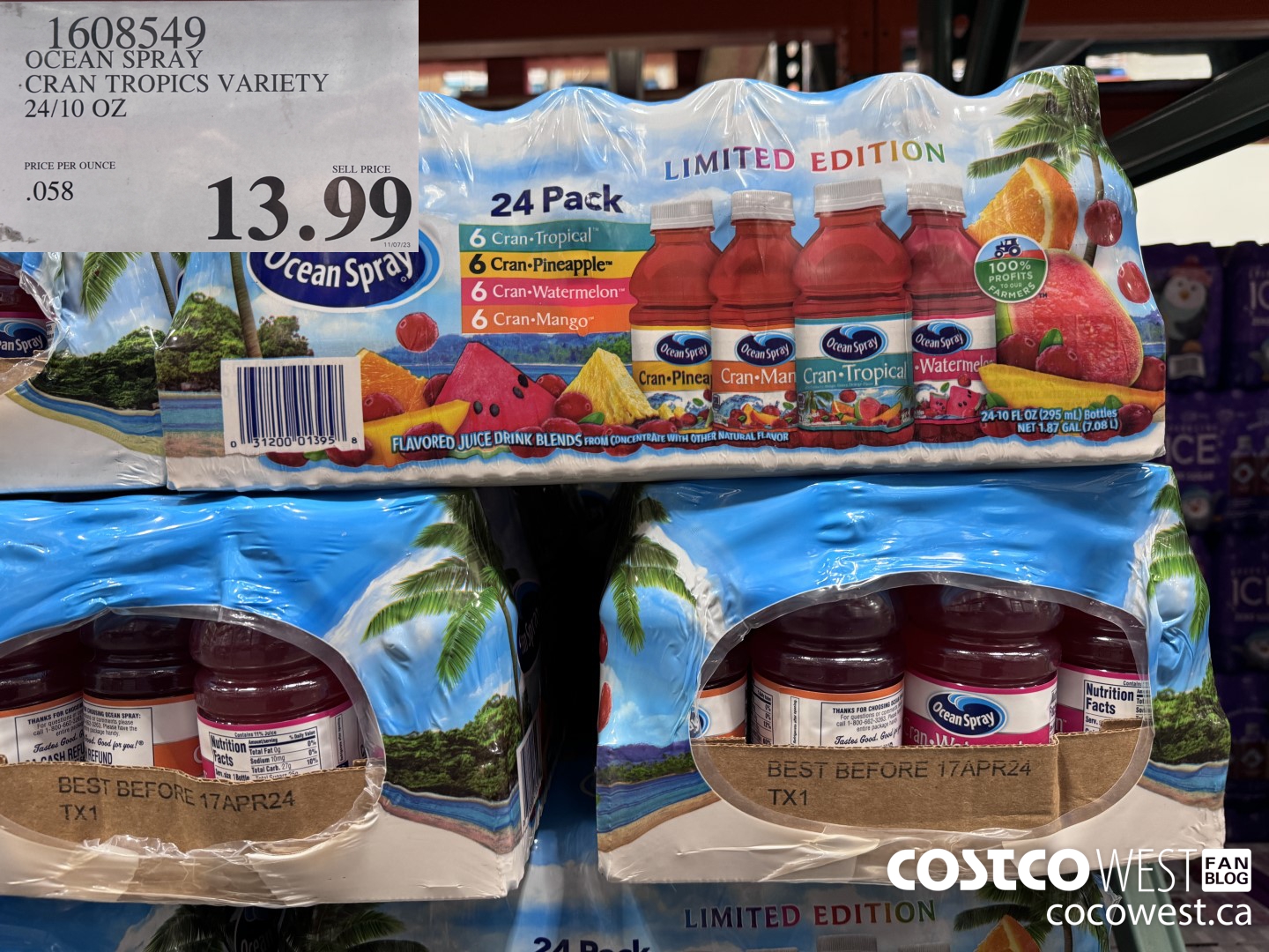 1608549 OCEAN SPRAY CRAN TROPICS VARIETY 24/10 OZ $13.99