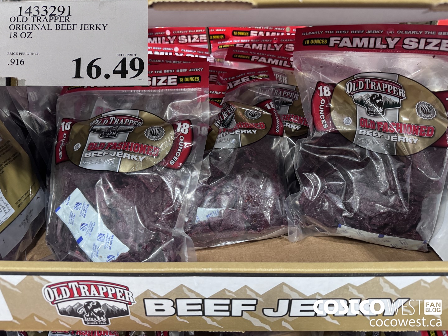 1433291 OLD TRAPPER ORIGINAL BEEF JERKY 18 OZ  $16.49
