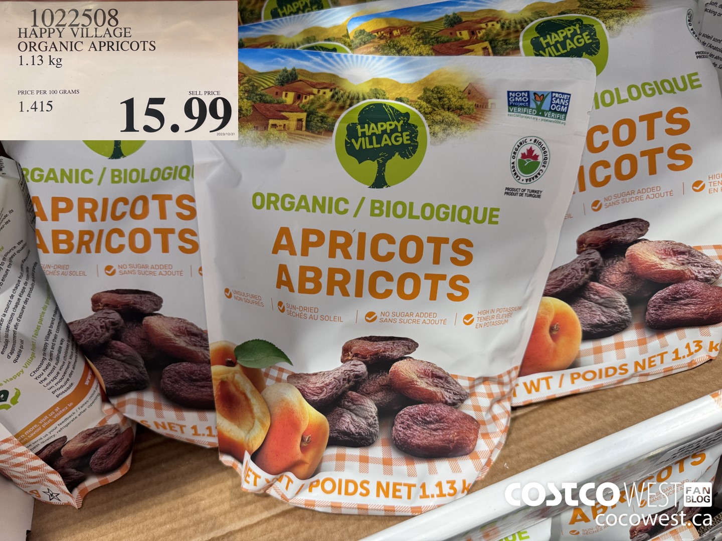 1022508 ORGANIC HAPPY VILLAGE DRIED APRICOTS 1.13KG $15.99