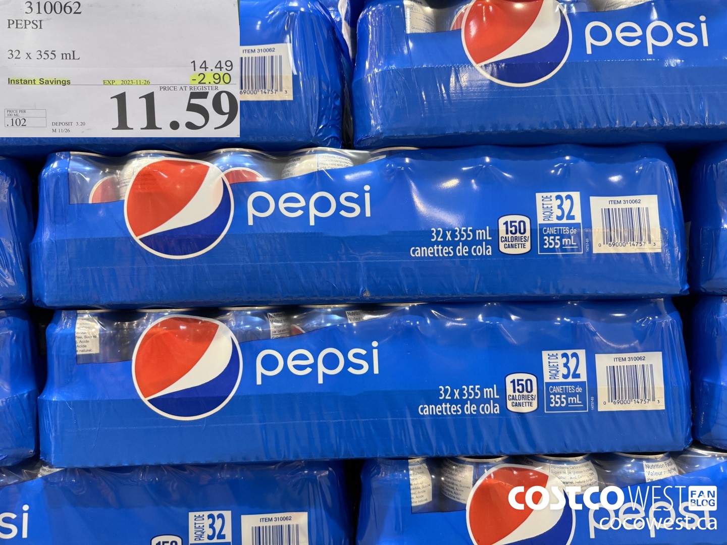 310062 PEPSI 32 X 355 ML ($2.90 INSTANT SAVINGS EXPIRES ON 2023-11-26) $11.59