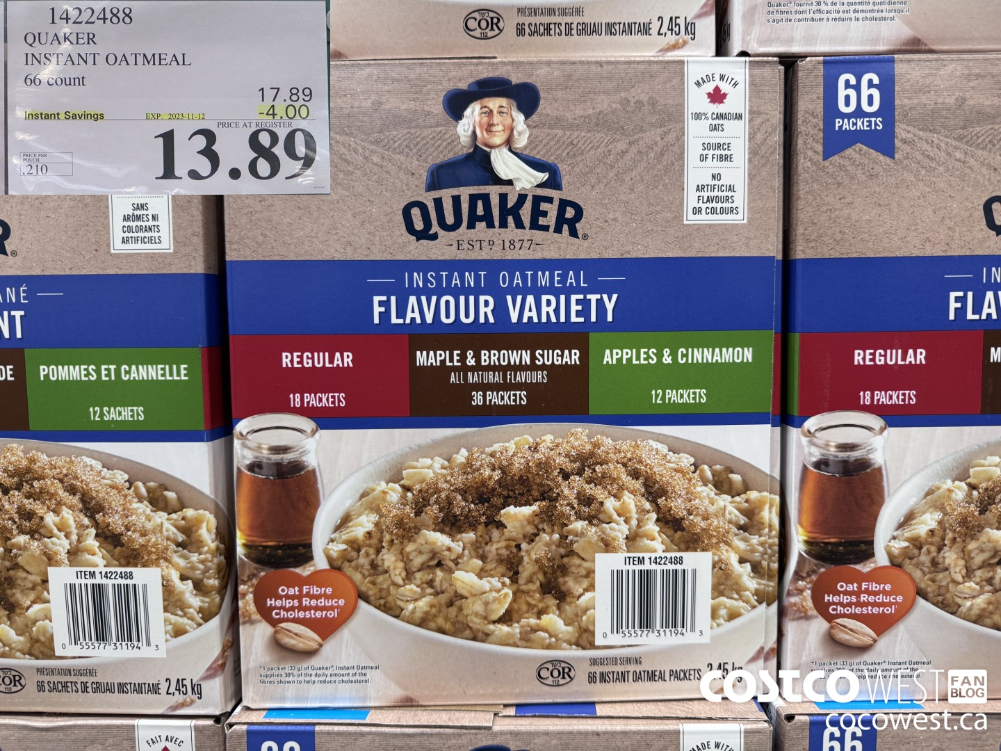 1422488 QUAKER INSTANT OATMEAL 66 COUNT ($4.00 INSTANT SAVINGS EXPIRES ON 2023-11-12) $13.89