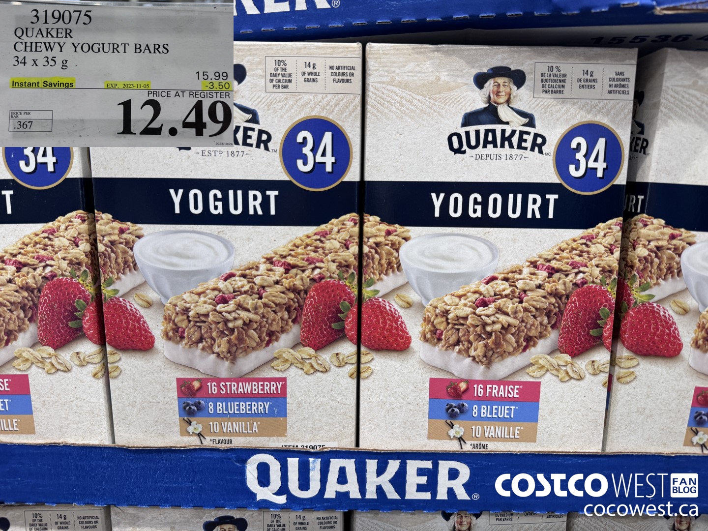 319075 QUAKER CHEWY YOGURT BARS 34 X 35 G ($3.50 INSTANT SAVINGS EXPIRES ON 2023-11-05) $12.49