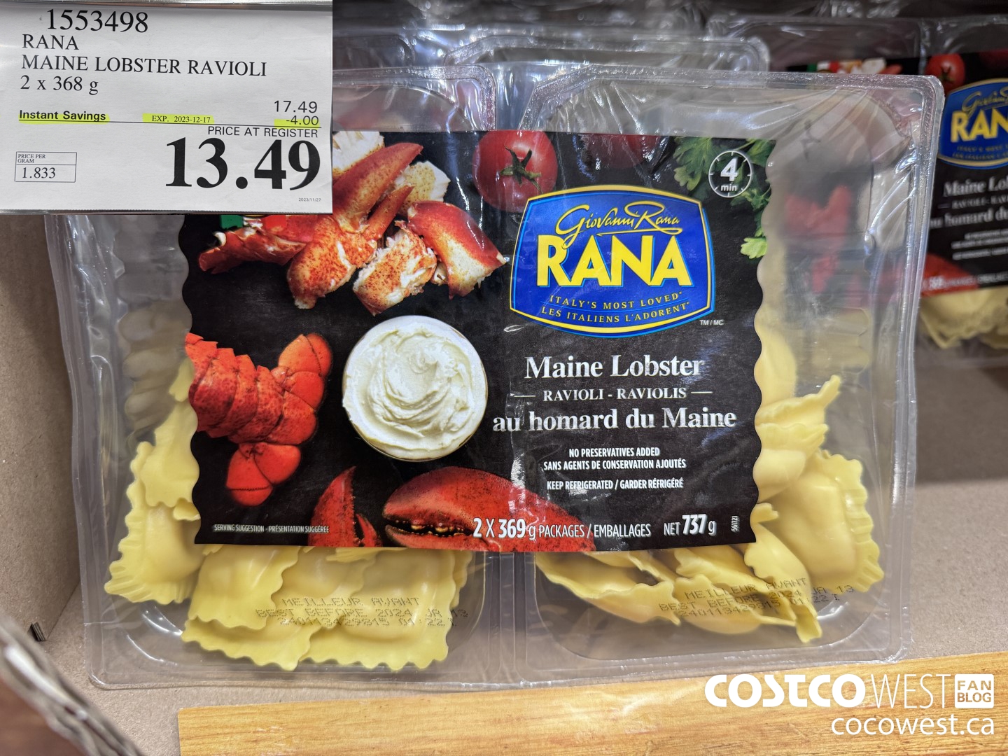 1553498 RANA MAINE LOBSTER RAVIOLI 2 X 368 G ($4.00 INSTANT SAVINGS EXPIRES ON 2023-12-17) $13.49