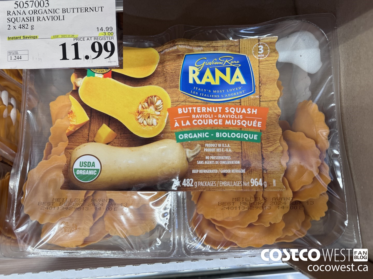 5057003 RANA ORGANIC BUTTERNUT SQUASH RAVIOLI 2 x 482 g ($3.00 INSTANT SAVINGS EXPIRES ON 2023-11-29) $11.99