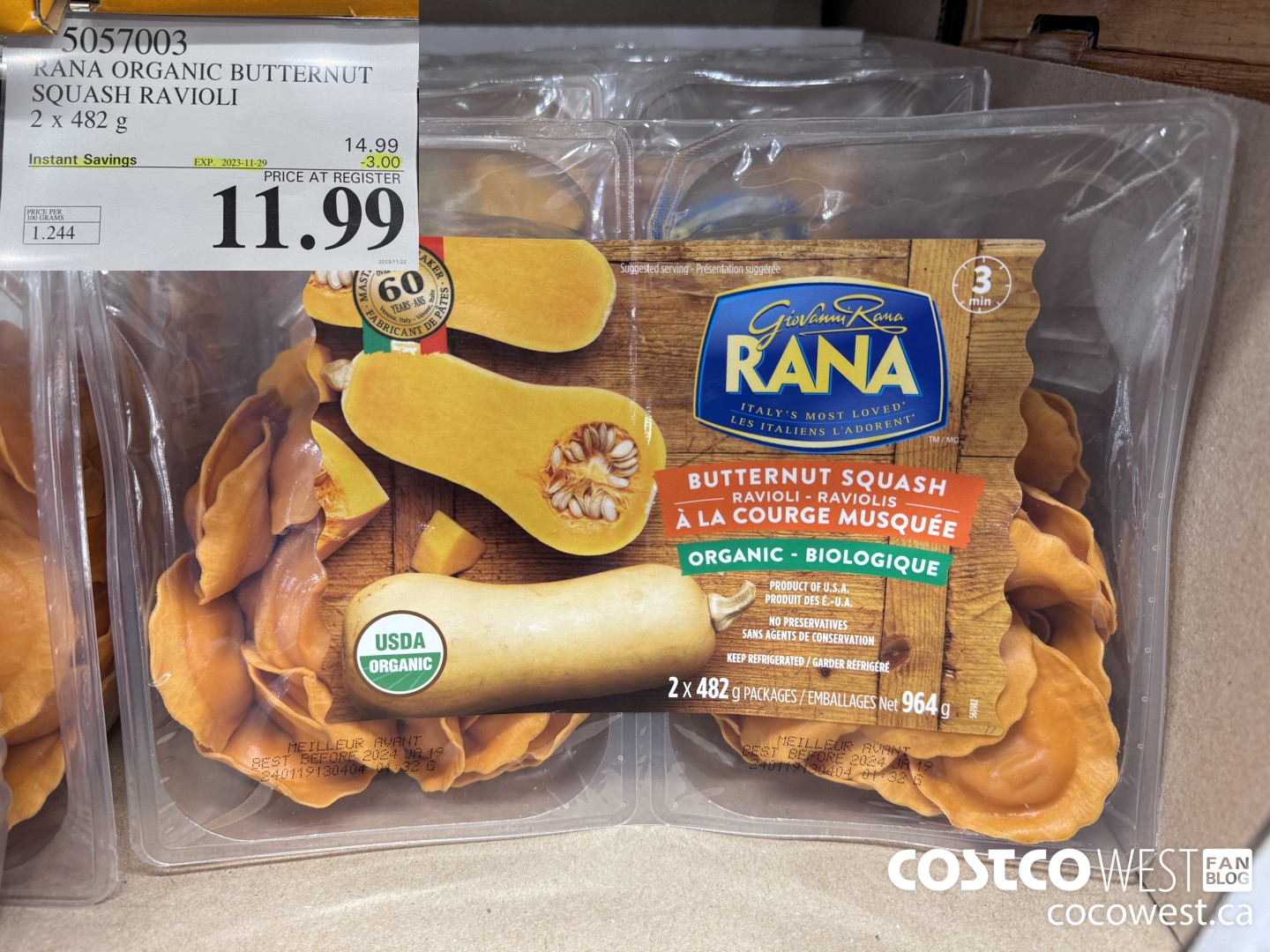 5057003 RANA ORGANIC BUTTERNUT SQUASH RAVIOLI 2 x 482 g ($3.00 INSTANT SAVINGS EXPIRES ON 2023-11-29) $11.99