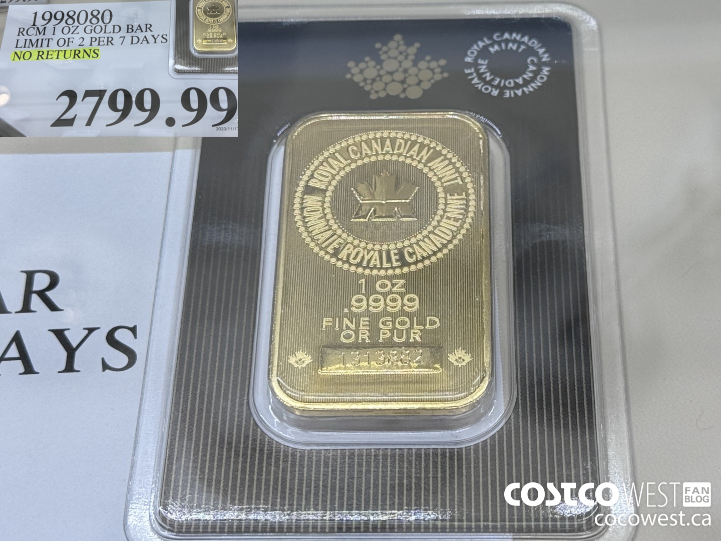 1998080 RCM 1 OZ GOLD BAR LIMIT OF 2 PER 7 DAYS NO RETURNS $2799.99
