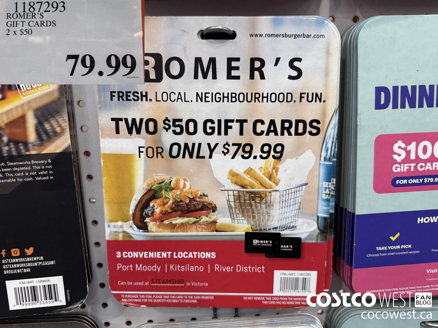 1187293 ROMER'S RESTAURANT GIFT CARDS 2 X $50 $79.99