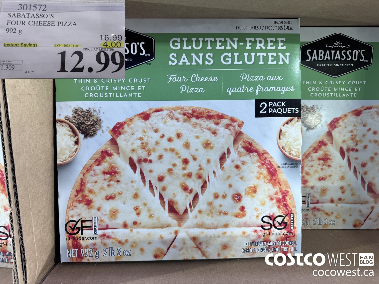 301572 SABATASSO'S GLUTEN-FREE CHEESE PIZZA 2 X 496 G ($4.00 INSTANT SAVINGS EXPIRES ON 2023-11-26) $12.99