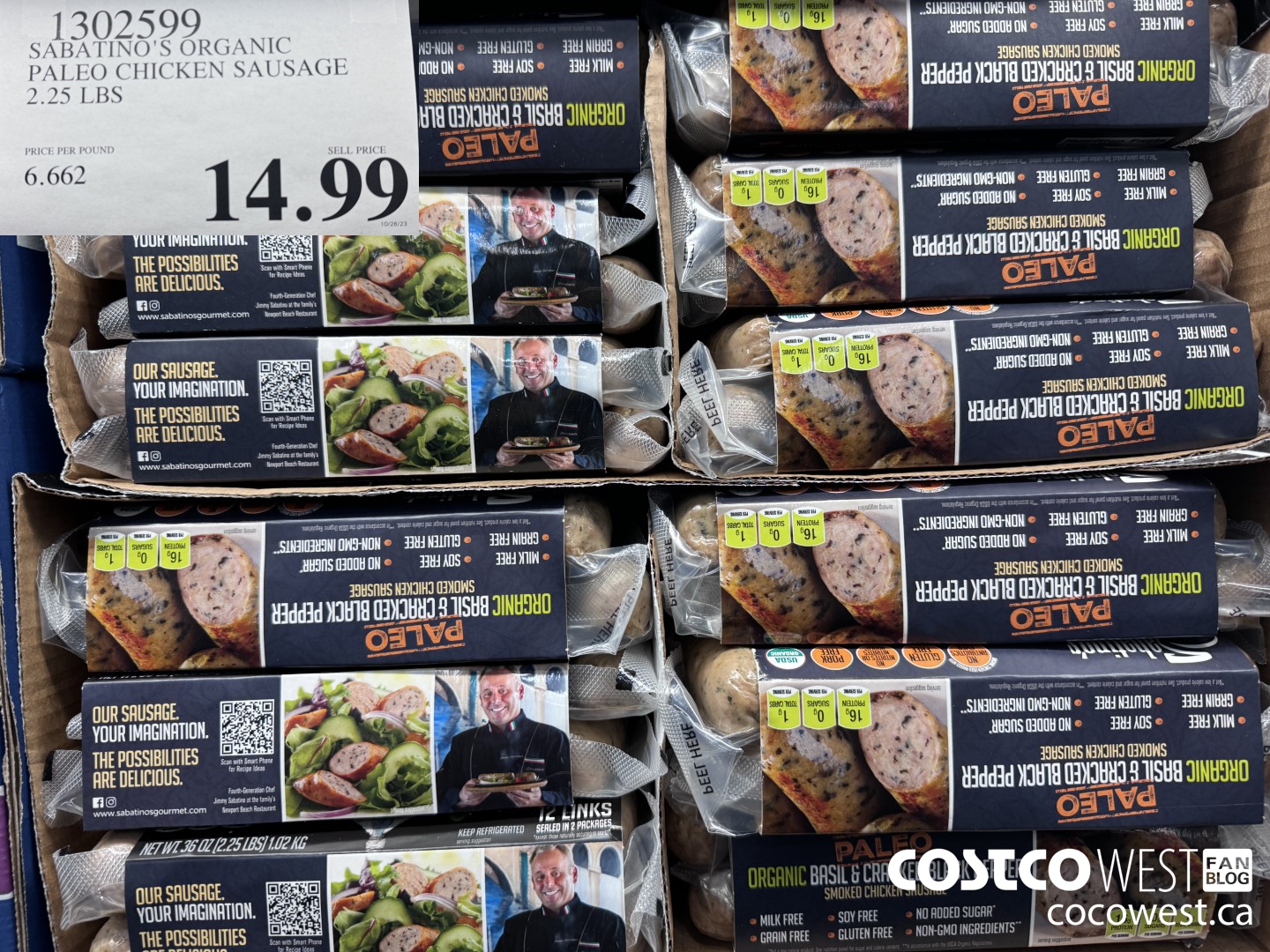 1302599 SABATINO'S ORGANIC PALEO CHICKEN SAUSAGE 2.25 LBS $14.99