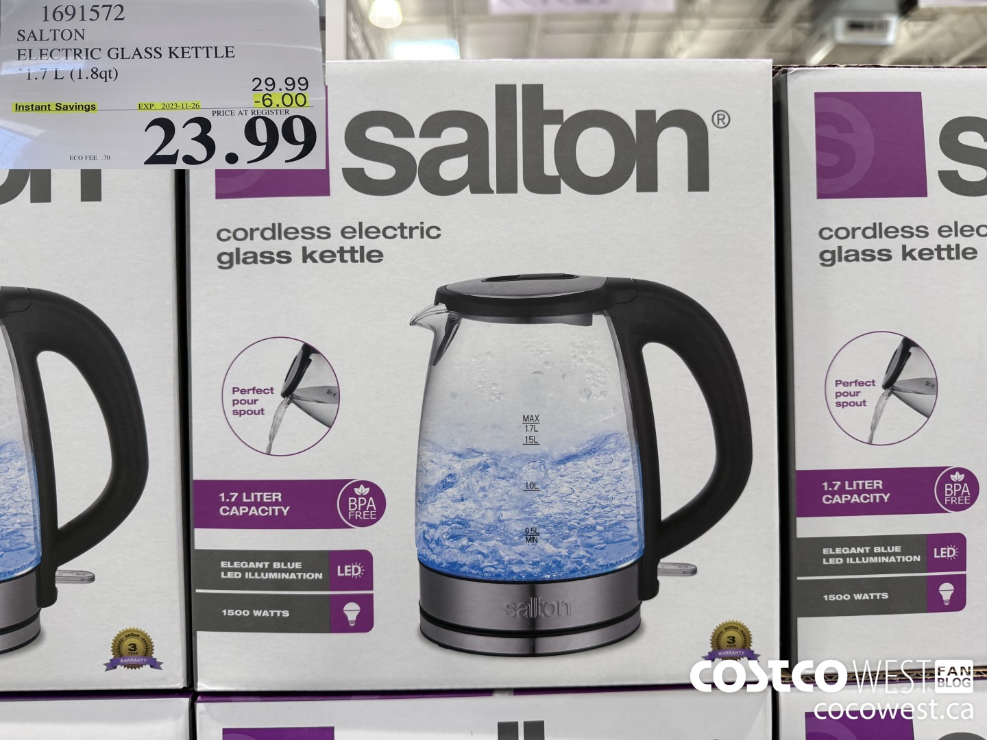 1691572 SALTON CORDLESS ELECTRIC GLASS KETTLE 1.7L (1.8 QT) ($6.00 INSTANT SAVINGS EXPIRES ON 2023-11-26) $23.99