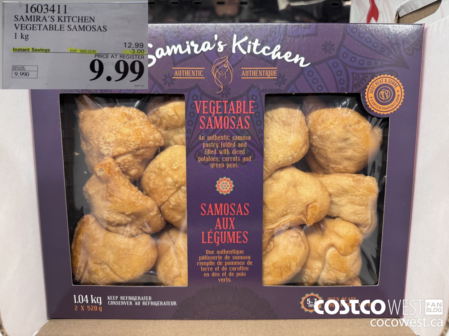 1603411 SAMIRA'S KITCHEN VEGETABLE SAMOSAS 1 KG ($3.00 INSTANT SAVINGS EXPIRES ON 2023-12-03) $9.99