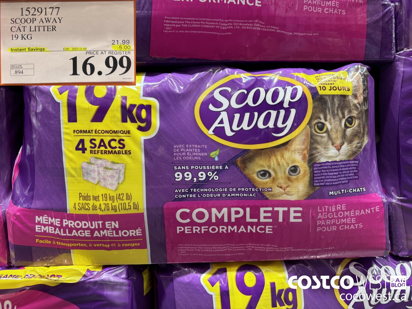 1529177 SCOOP AWAY CAT LITTER 19 KG ($5.00 INSTANT SAVINGS EXPIRES ON 2023-11-05) $16.99