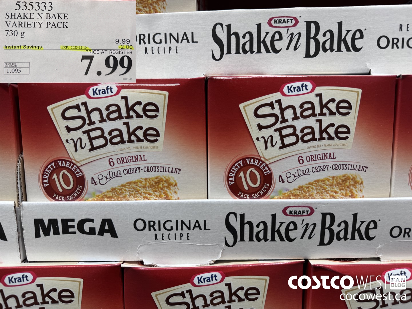 535333 SHAKE N BAKE VARIETY PACK 730 g ($2.00 INSTANT SAVINGS EXPIRES ON 2023-12-10) $7.99