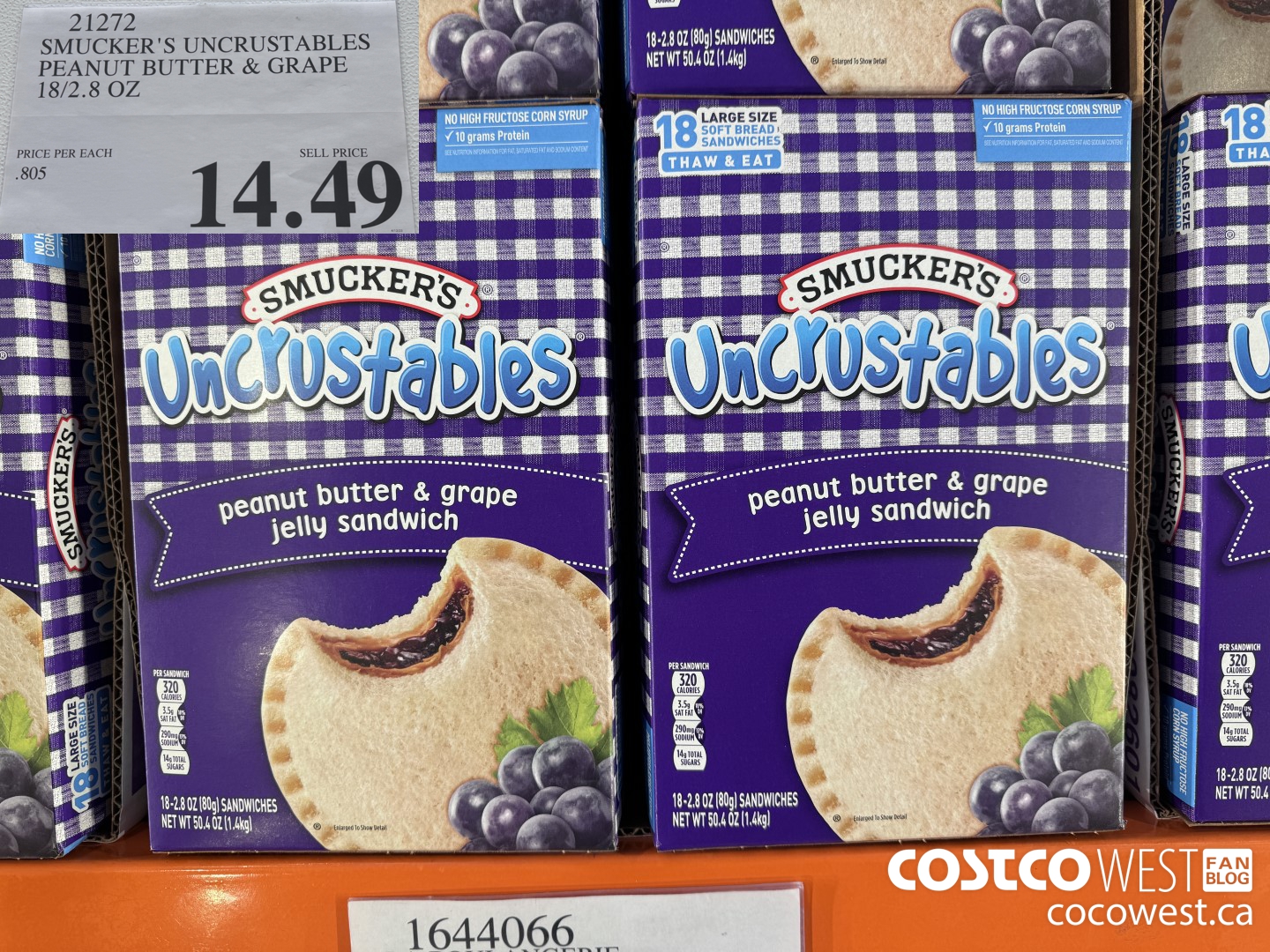 21272 SMUCKER'S UNCRUSTABLES PEANUT BUTTER & GRAPE 18/2.8 OZ $14.49