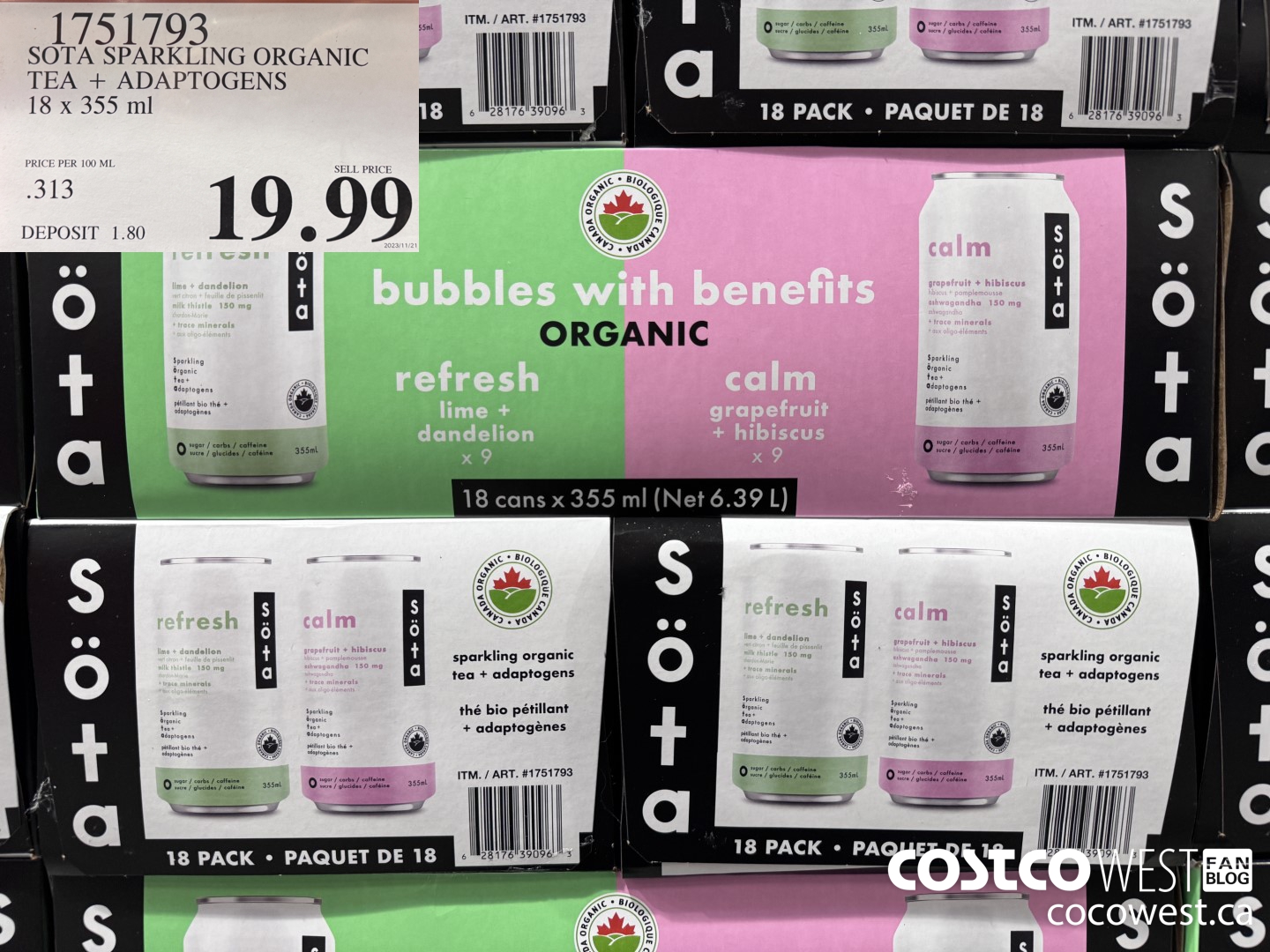 1751793 SOTA SPARKLING ORGANIC TEA + ADAPTOGENS 18 X 355 ML $19.99