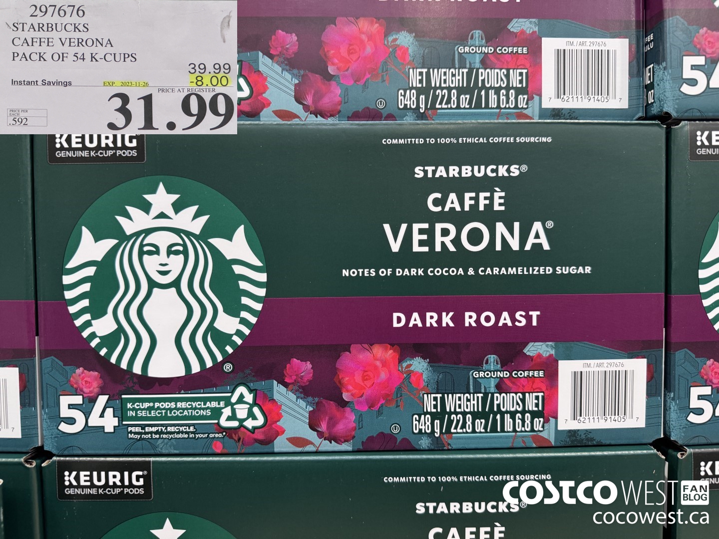 297676 STARBUCKS CAFFE VERONA K-CUPS 54 COUNT ($8.00 INSTANT SAVINGS EXPIRES ON 2023-11-26) $31.99