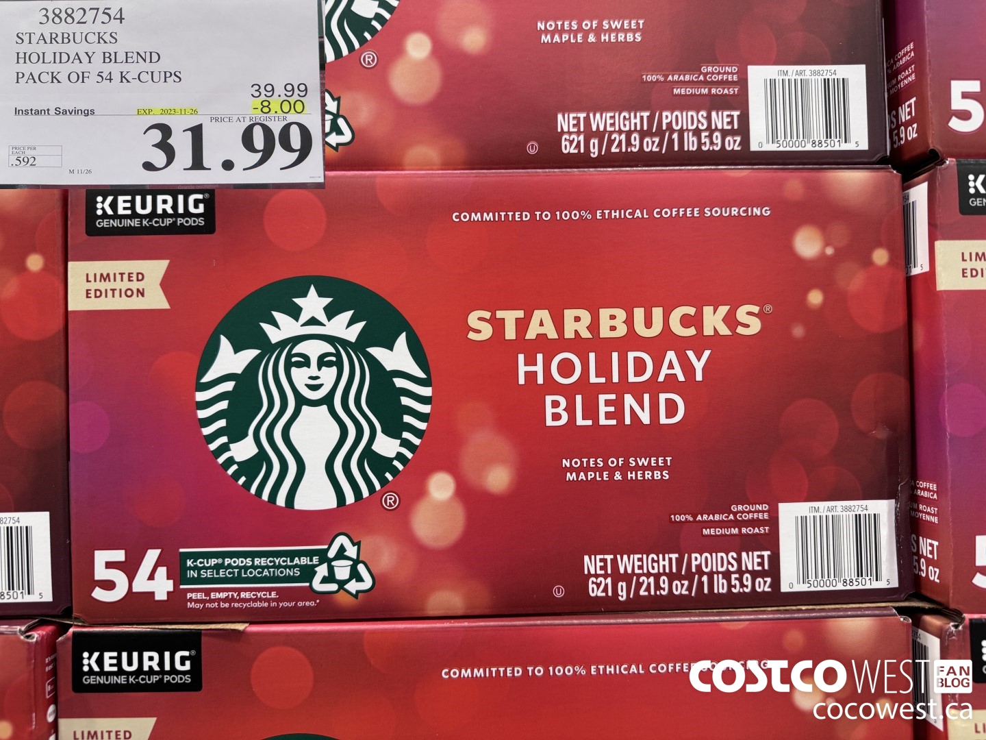 3882754 STARBUCKS HOLIDAY BLEND 54 K-CUPS ($8.00 INSTANT SAVINGS EXPIRES ON 2023-11-26) $31.99