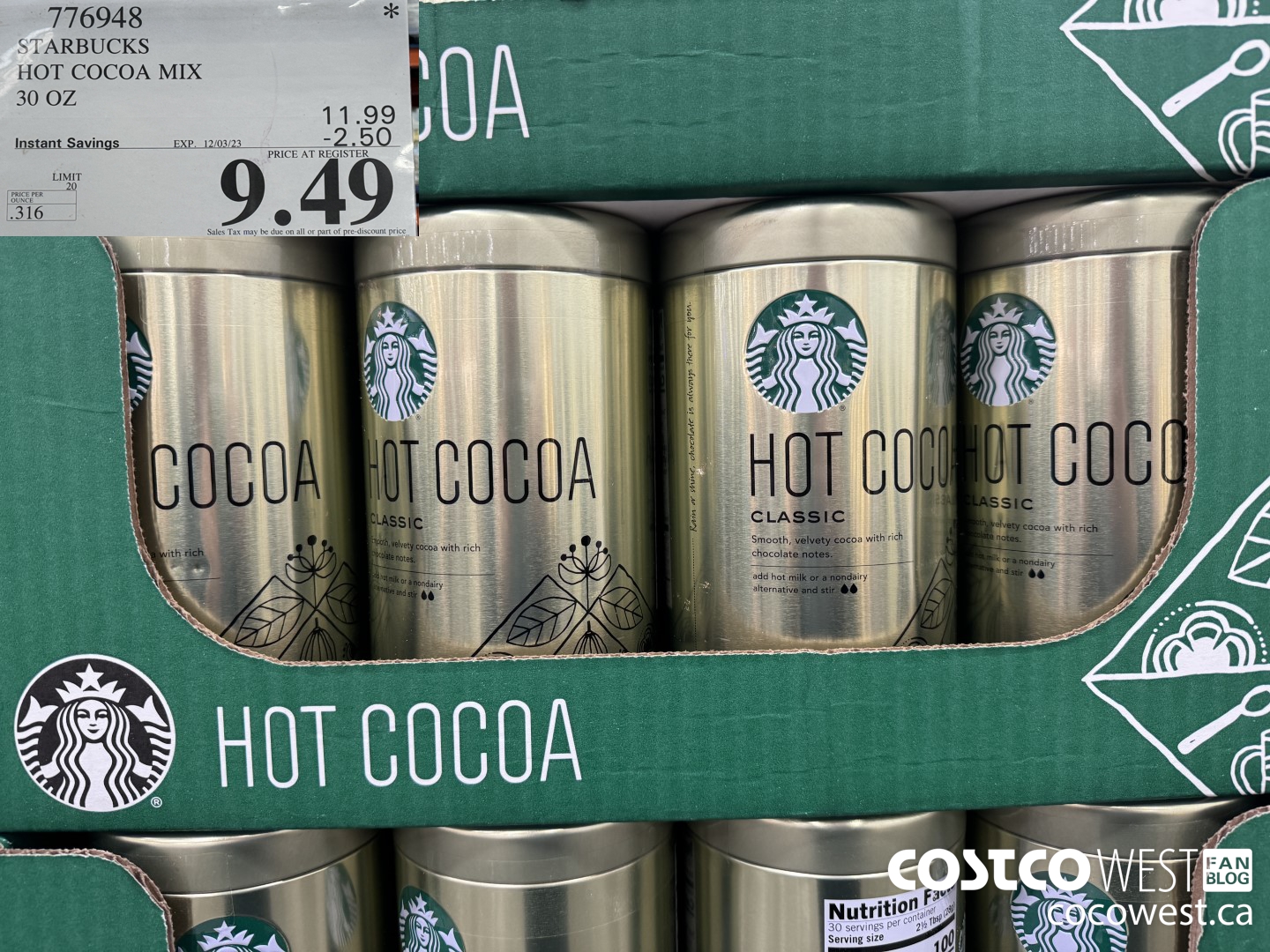 776948 STARBUCKS HOT COCOA MIX 30 OZ ($2.50 INSTANT SAVINGS EXPIRES ON 2023-12-03) $9.49