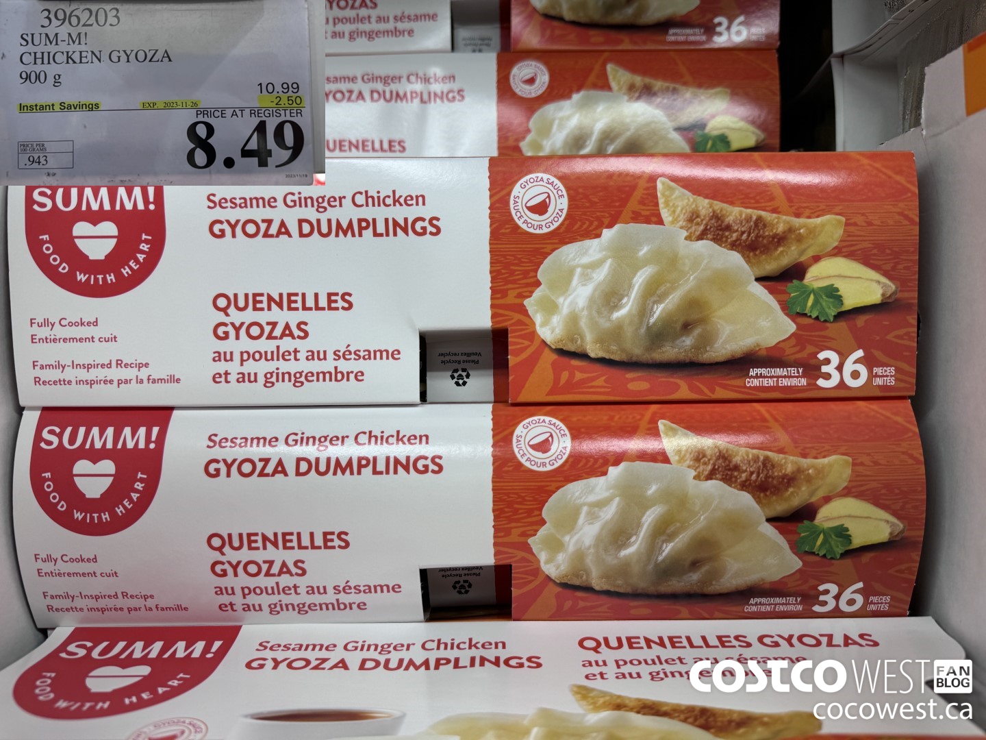 396203 SUM-M! CHICKEN GYOZA 900 g ($2.50 INSTANT SAVINGS EXPIRES ON 2023-11-26) $8.49