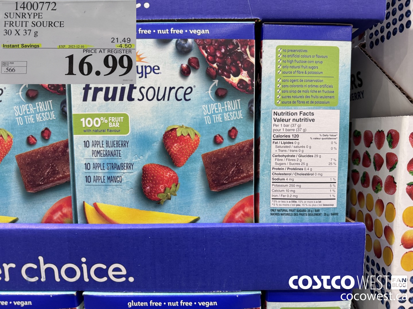 1400772 SUNRYPE FRUIT SOURCE 30 X 37 G ($4.50 INSTANT SAVINGS EXPIRES ON 2023-12-10) $16.99