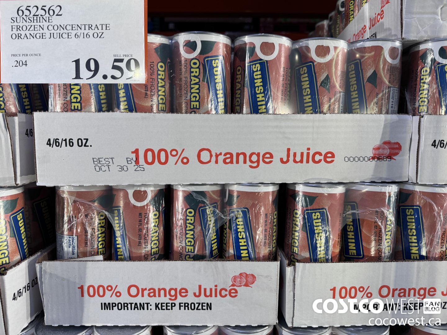 652562 SUNSHINE FROZEN CONCENTRATE ORANGE JUICE 6/16 OZ  $19.59