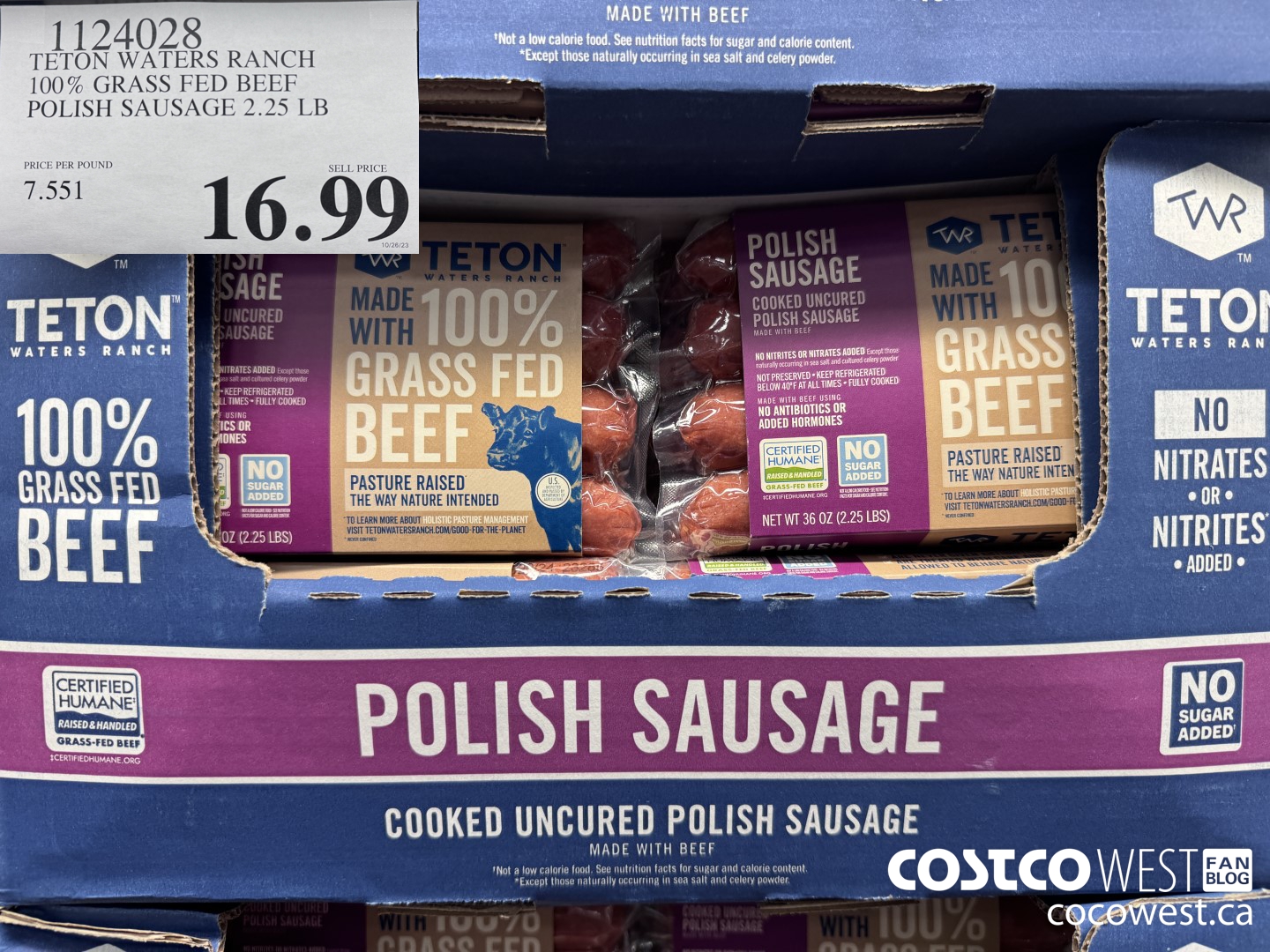 1124028 TETON WATERS RANCH 100% GRASS FED BEEF POLISH SAUSAGE 2.25 LB $16.99