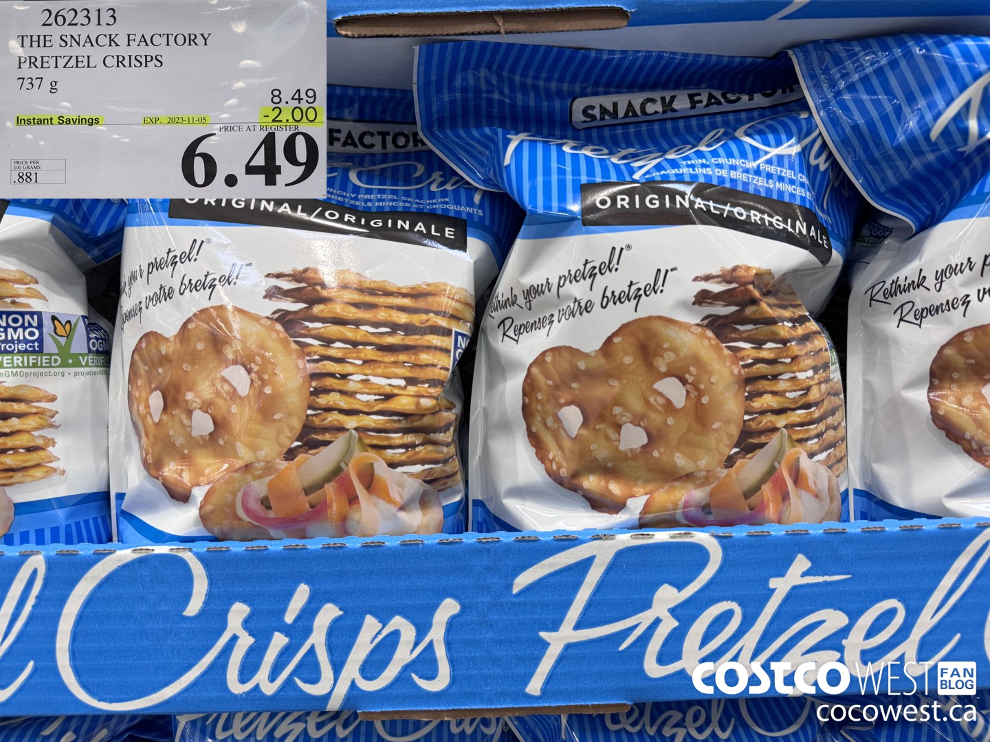 262313 THE SNACK FACTORY PRETZEL CRISPS 737 g ($2.00 INSTANT SAVINGS EXPIRES ON 2023-11-05) $6.49