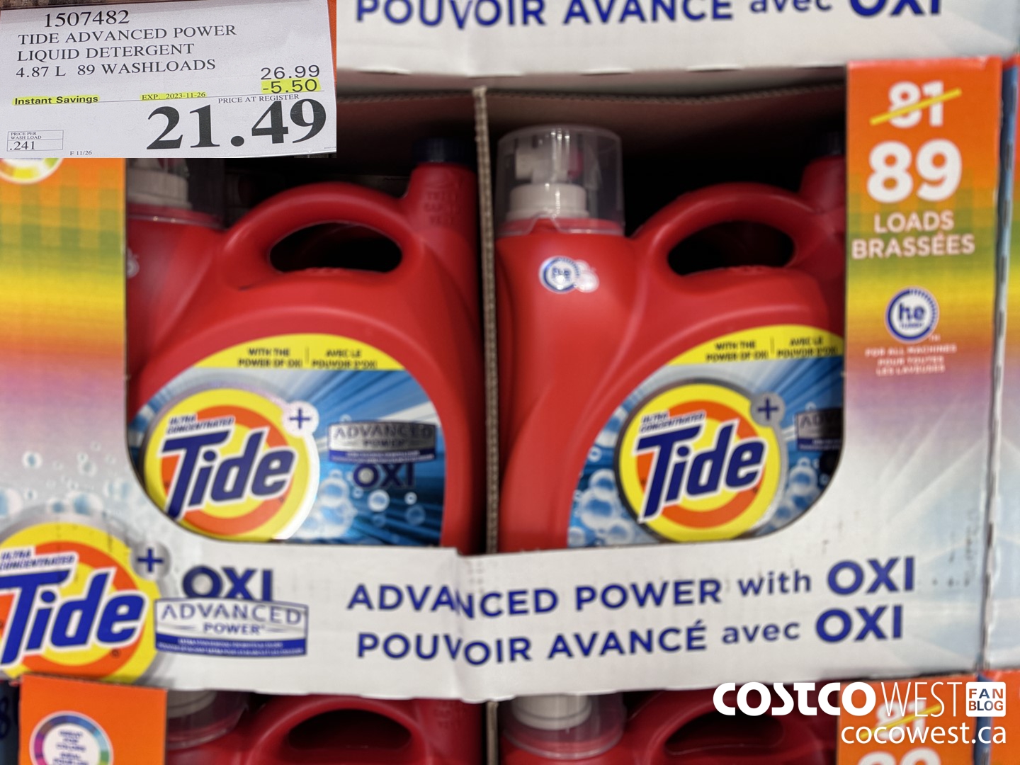 1507482 TIDE ADVANCED POWER LIQUID DETERGENT 4.87 L 89 WASHLOADS ($5.50 INSTANT SAVINGS EXPIRES ON 2023-11-26) $21.49