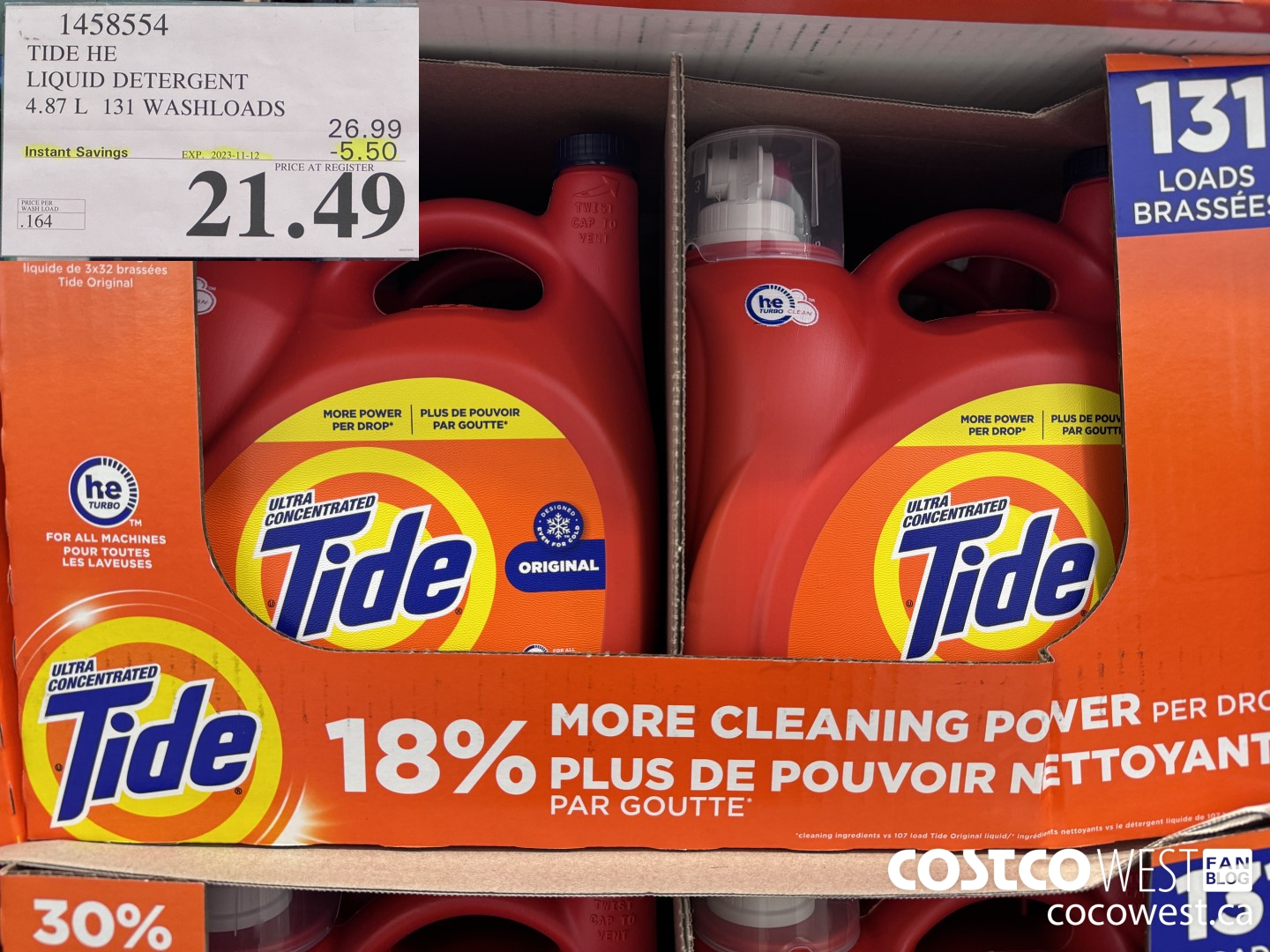 1458554 TIDE HE LIQUID DETERGENT 4.87 L 131 WASHLOADS ($5.50 INSTANT SAVINGS EXPIRES ON 2023-11-12) $21.49