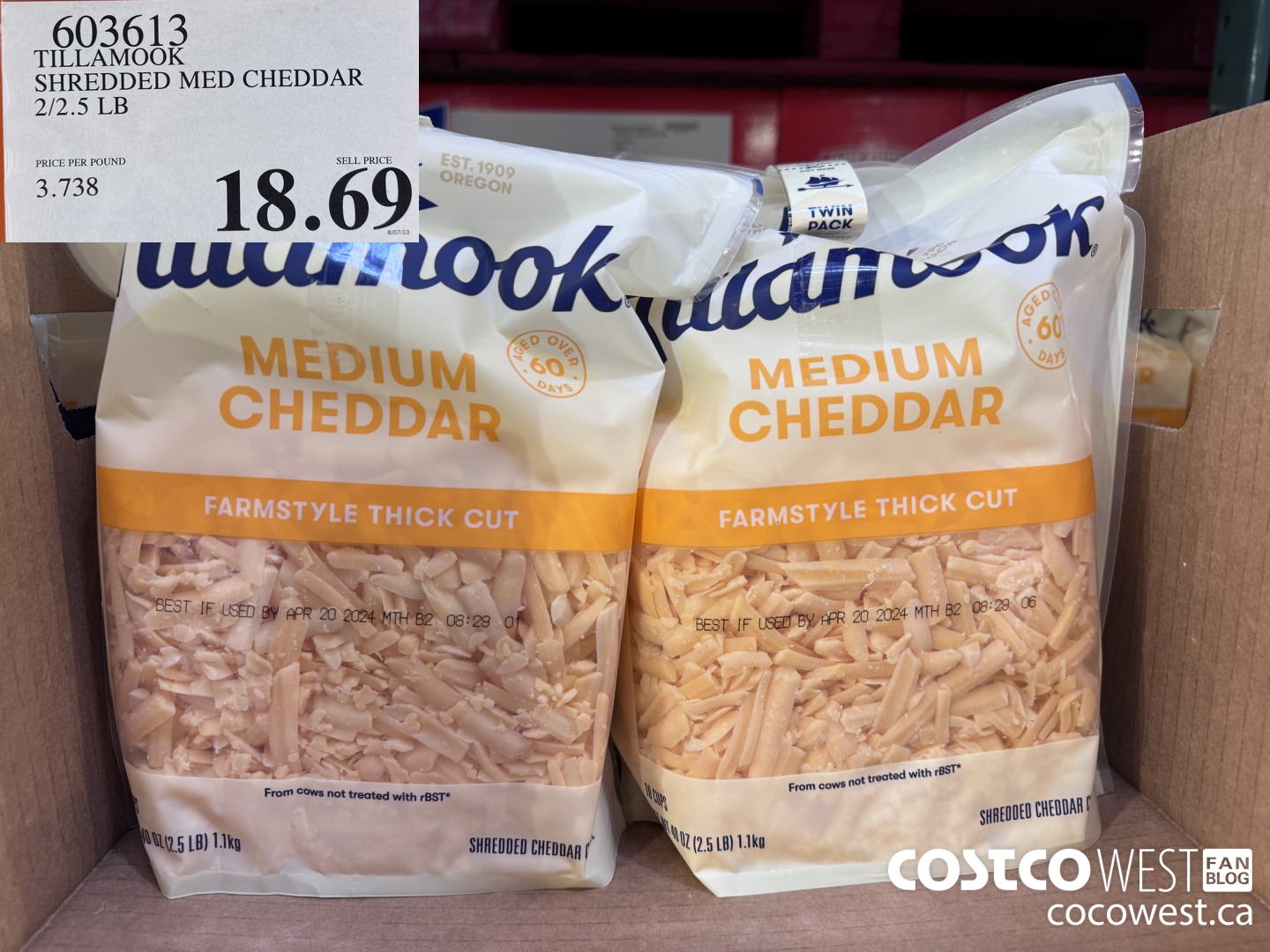 603613 TILLAMOOK SHREDDED MED CHEDDAR 2/2.5 LB $18.69