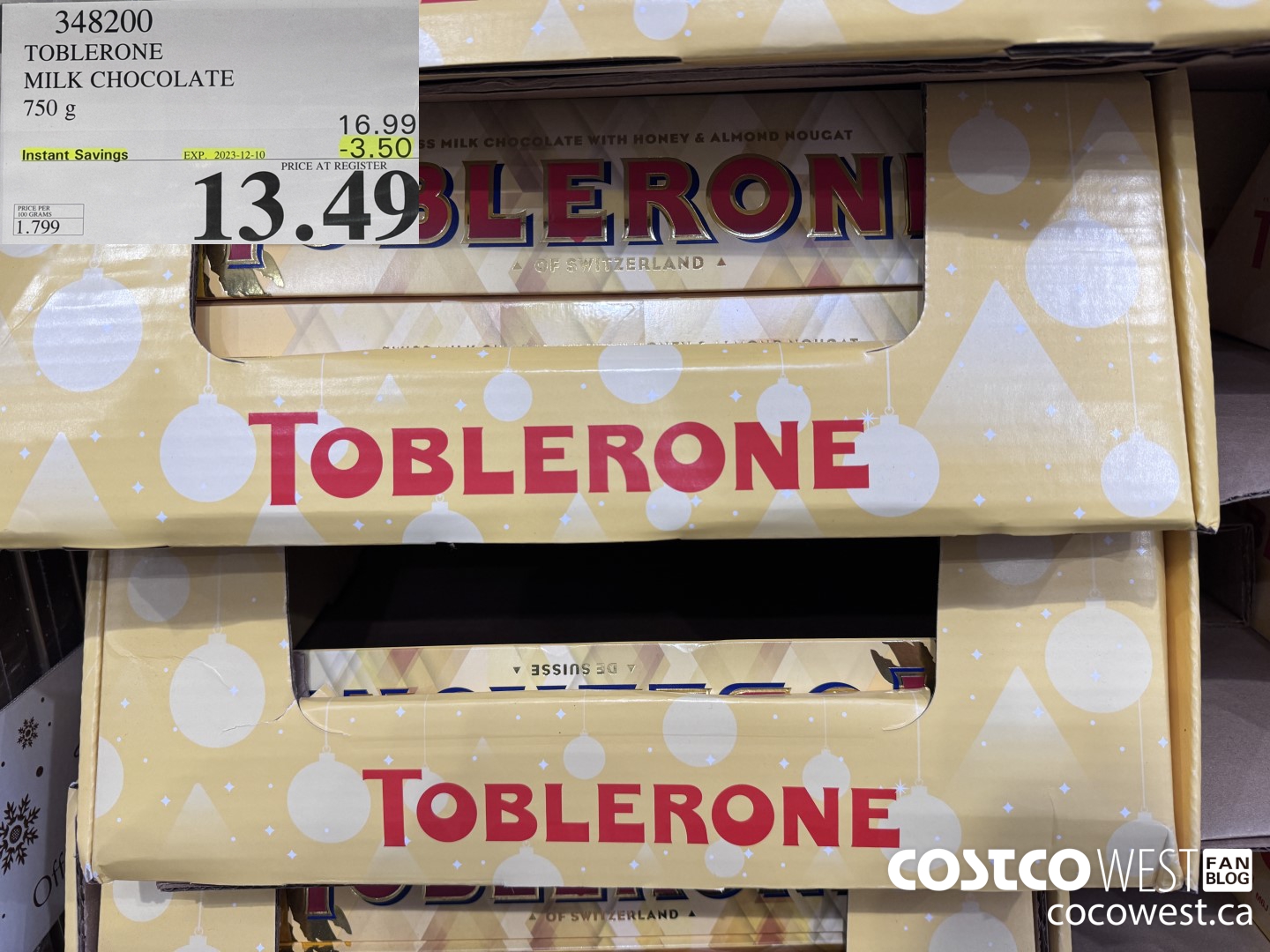 348200 TOBLERONE MILK CHOCOLATE 750 G ($3.50 INSTANT SAVINGS EXPIRES ON 2023-12-10) $13.49