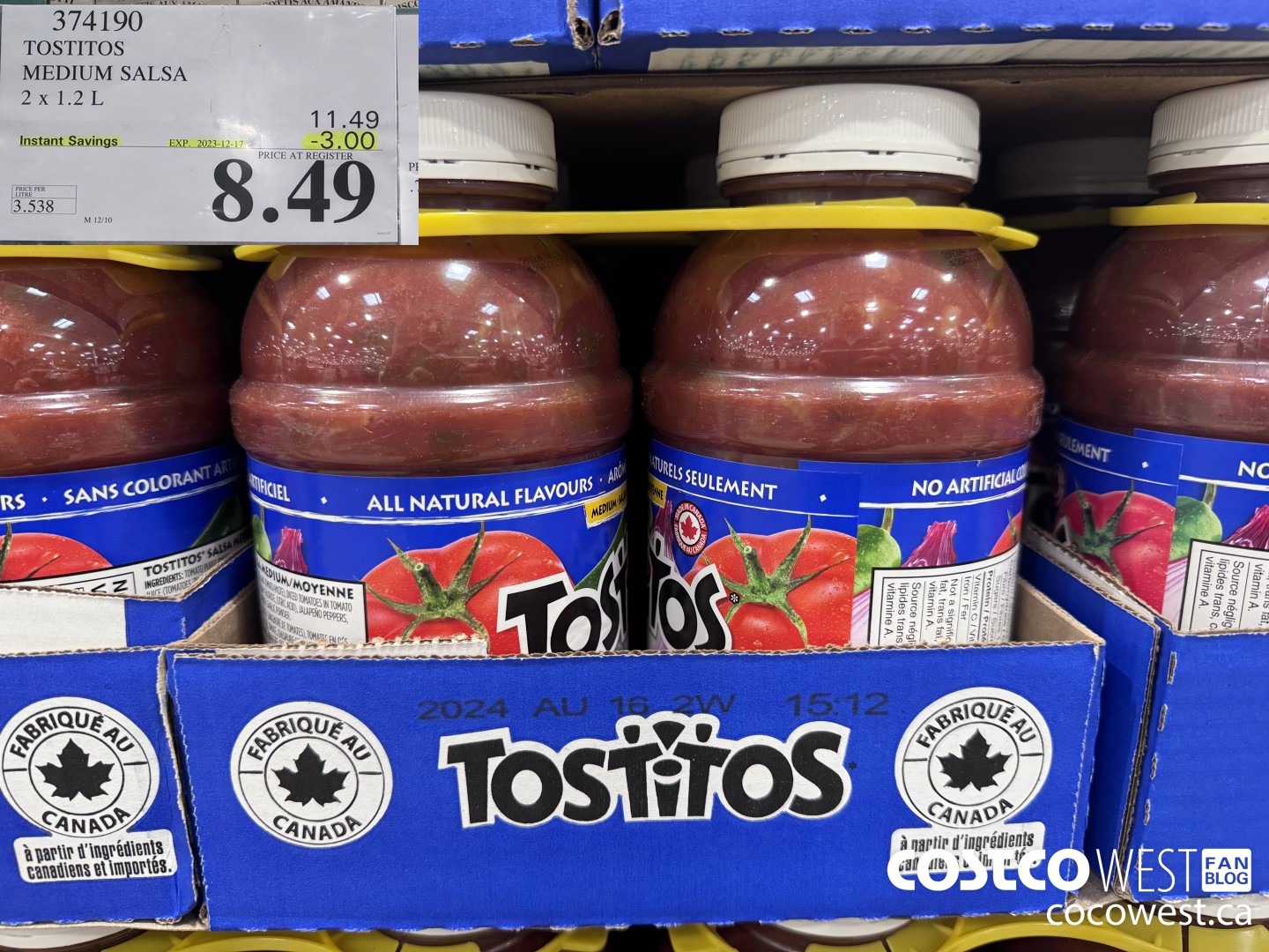 374190 TOSTITOS MEDIUM SALSA 2 X 1.2 L ($3.00 INSTANT SAVINGS EXPIRES ON 2023-12-17) $8.49