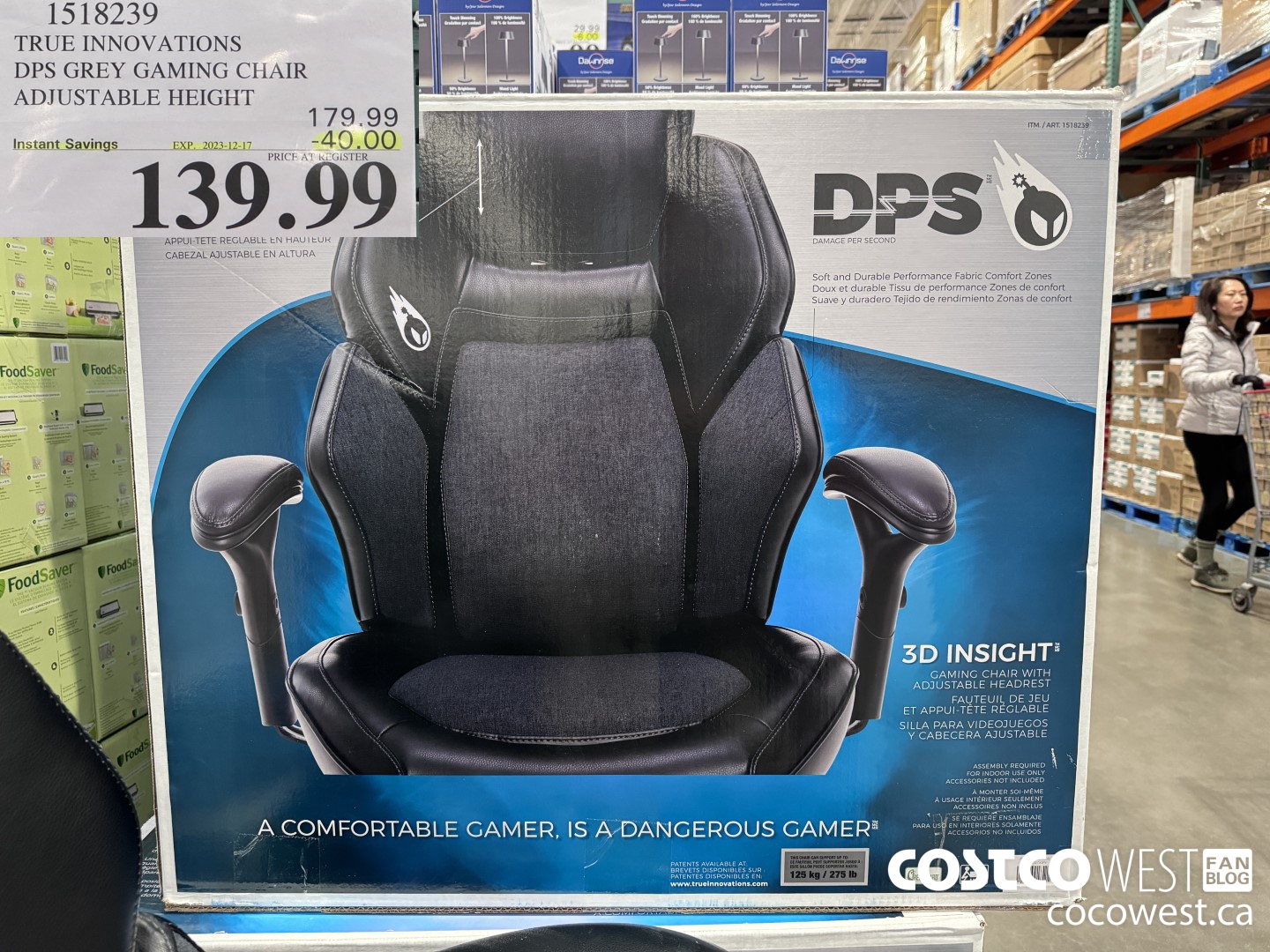 1518239 TRUE INNOVATIONS DPS GREY GAMING CHAIR ADJUSTABLE HEIGHT ($40.00 INSTANT SAVINGS EXPIRES ON 2023-12-17) $139.99