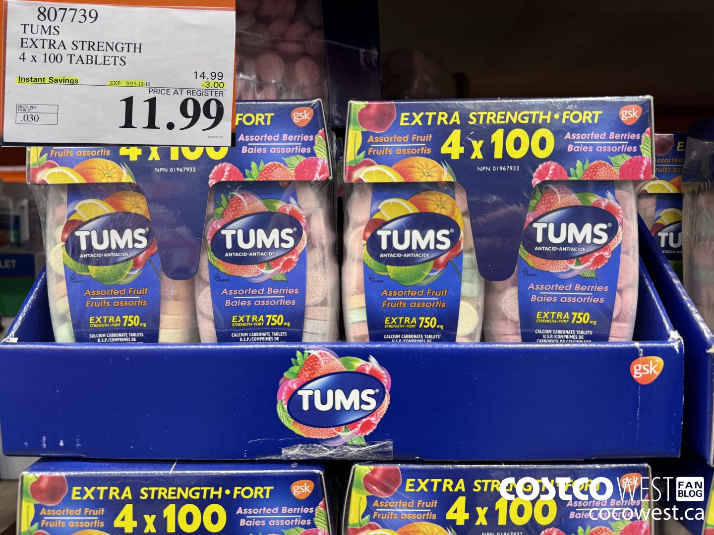 807739 TUMS EXTRA STRENGTH 4 X 100 TABLETS ($3.00 INSTANT SAVINGS EXPIRES ON 2023-12-10) $11.99