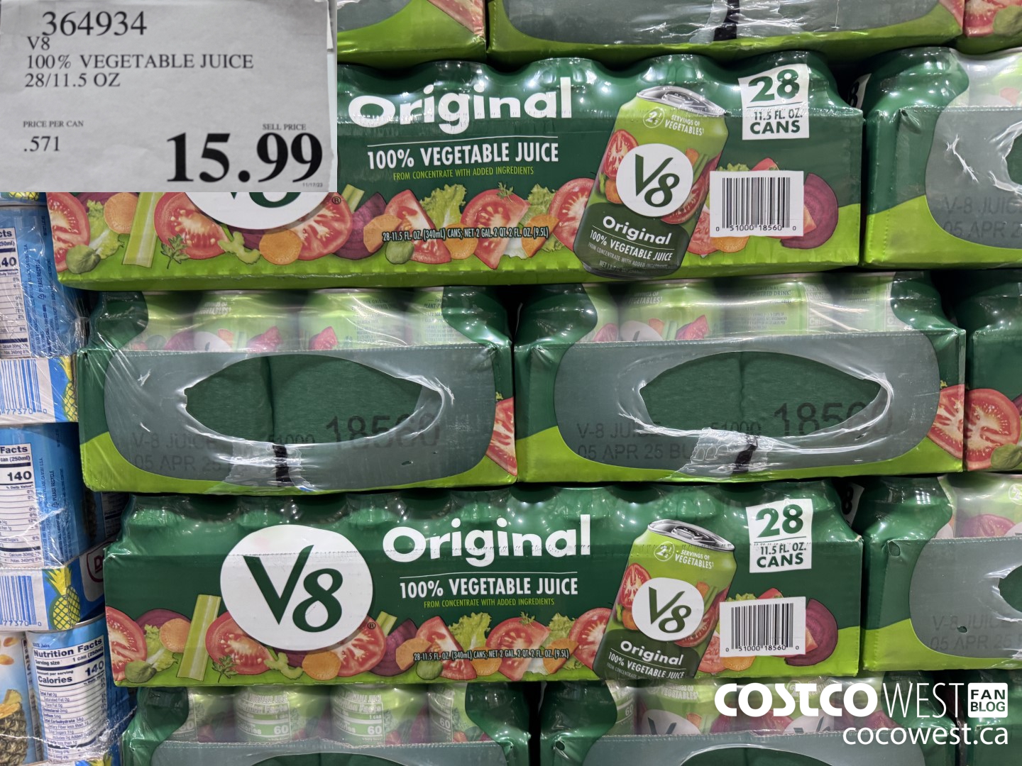 364934 V8 100% VEGETABLE JUICE 28/11.5 OZ $15.99