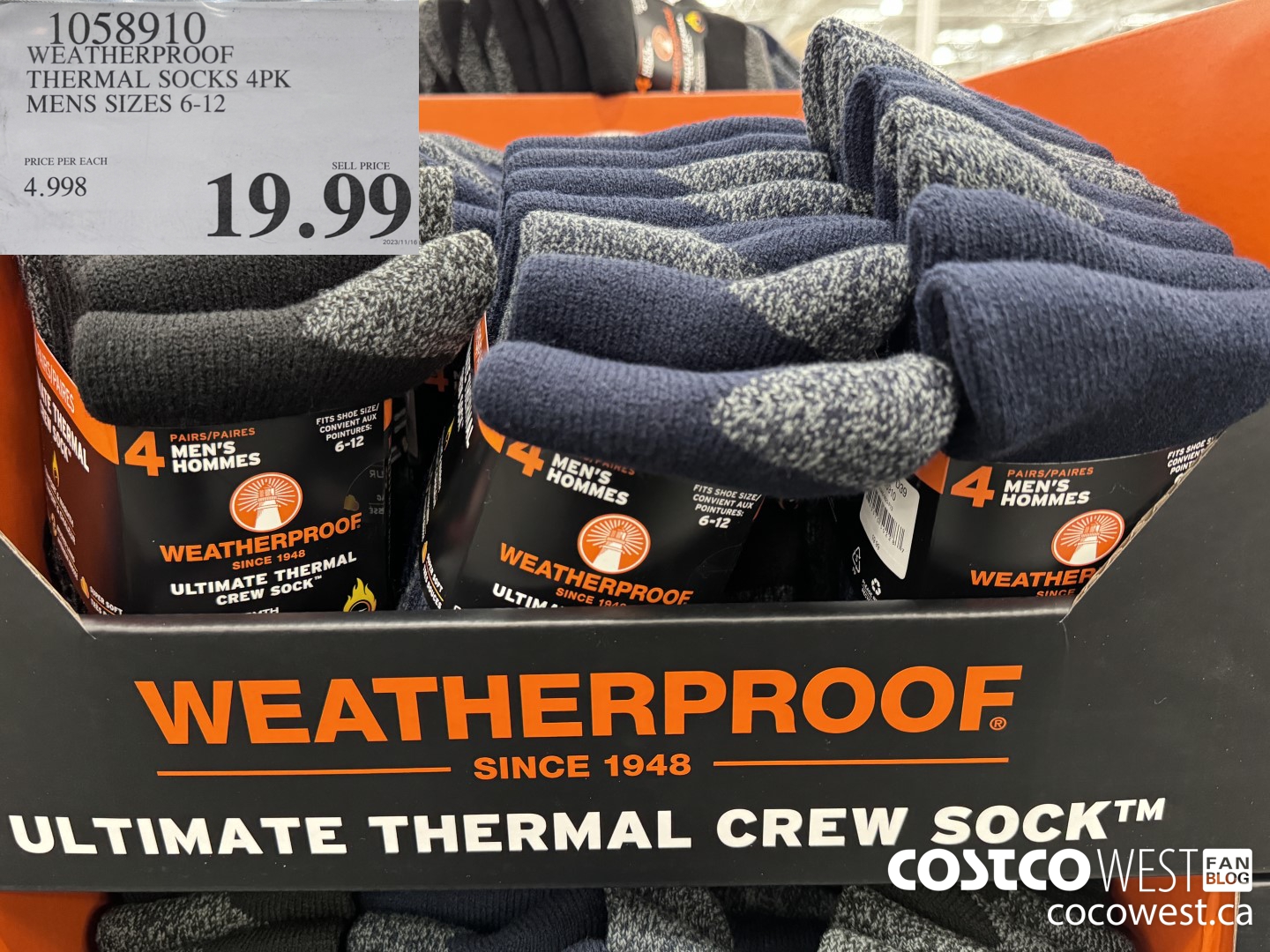 1058910 WEATHERPROOF THERMAL SOCK 4PK MENS SIZES 6-12 $19.99