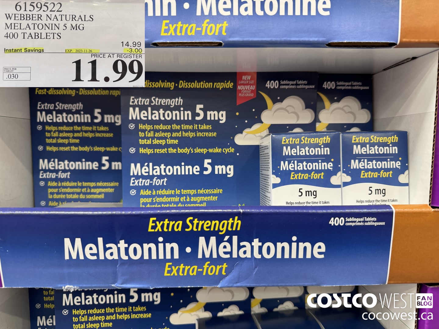 6159522 WEBBER NATURALS MELATONIN 5 MG 400 TABLETS ($3.00 INSTANT SAVINGS EXPIRES ON 2023-11-26) $11.99