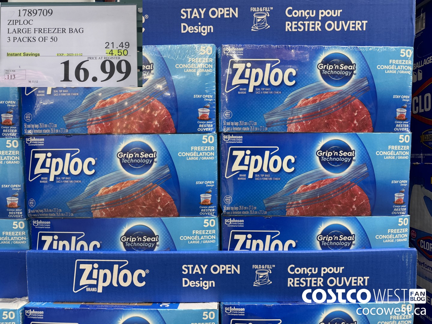 1789709 ZIPLOC LARGE FREEZER BAG 3 X 50 ($4.50 INSTANT SAVINGS EXPIRES ON 2023-11-12) $16.99