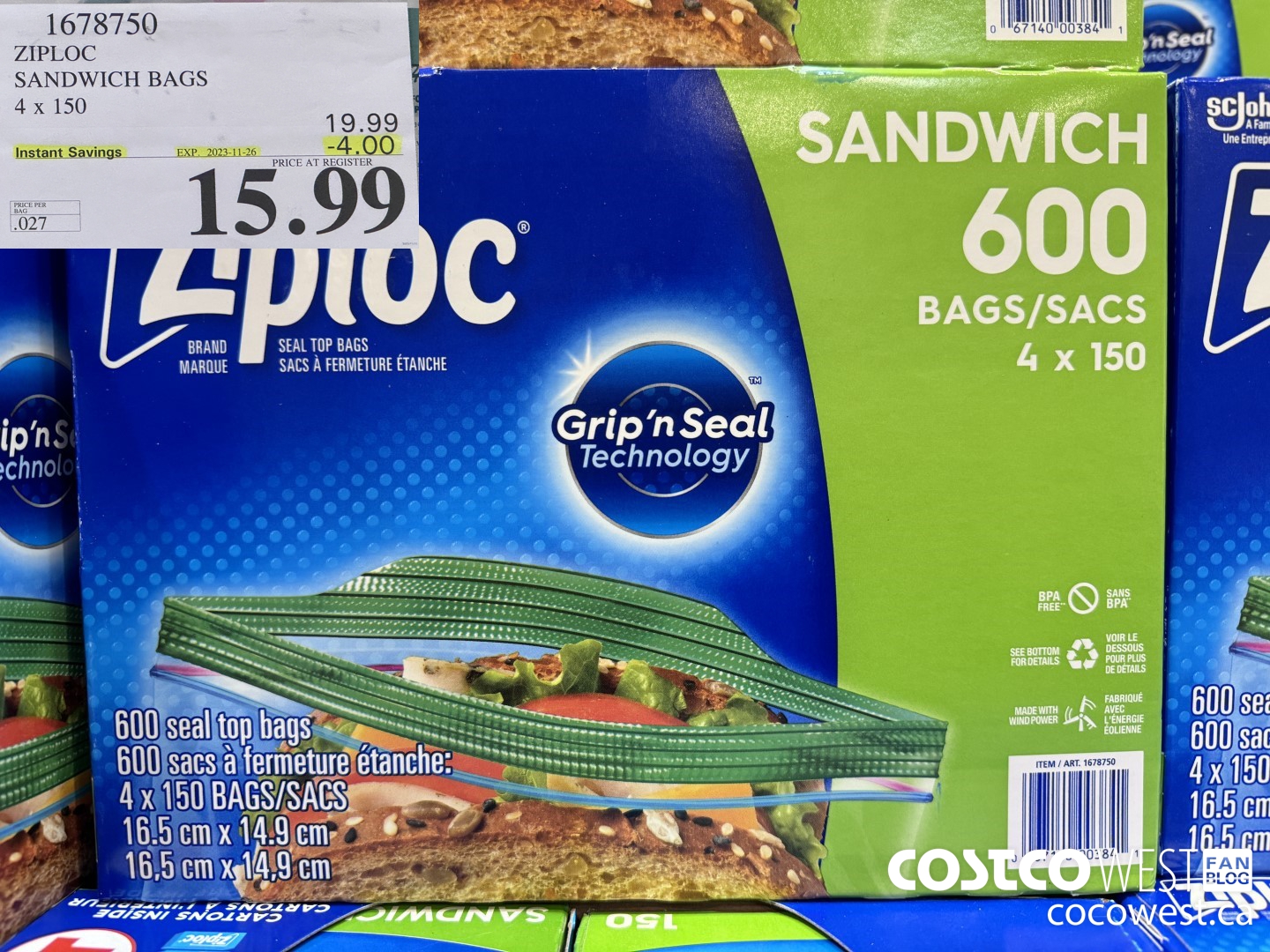 1678750 ZIPLOC SANDWICH BAGS 4 X 150 ($4.00 INSTANT SAVINGS EXPIRES ON 2023-11-26) $15.99