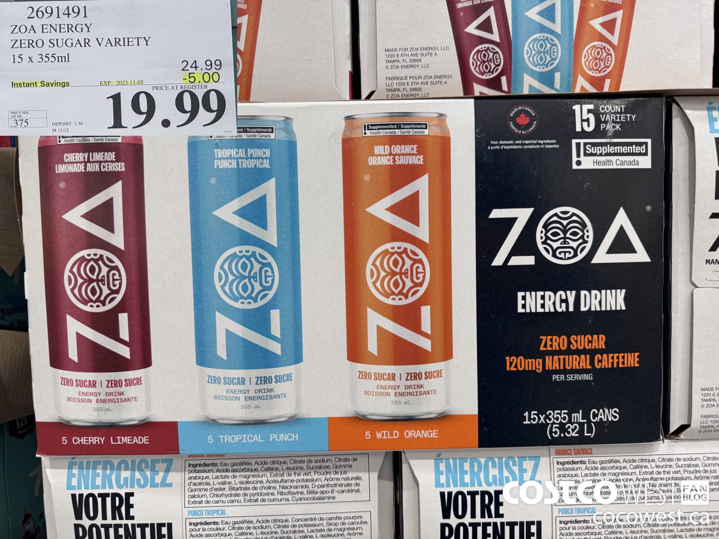 2691491 ZOA ENERGY ZERO SUGAR VARIETY 15 X 355ML ($5.00 INSTANT SAVINGS EXPIRES ON 2023-11-05) $19.99